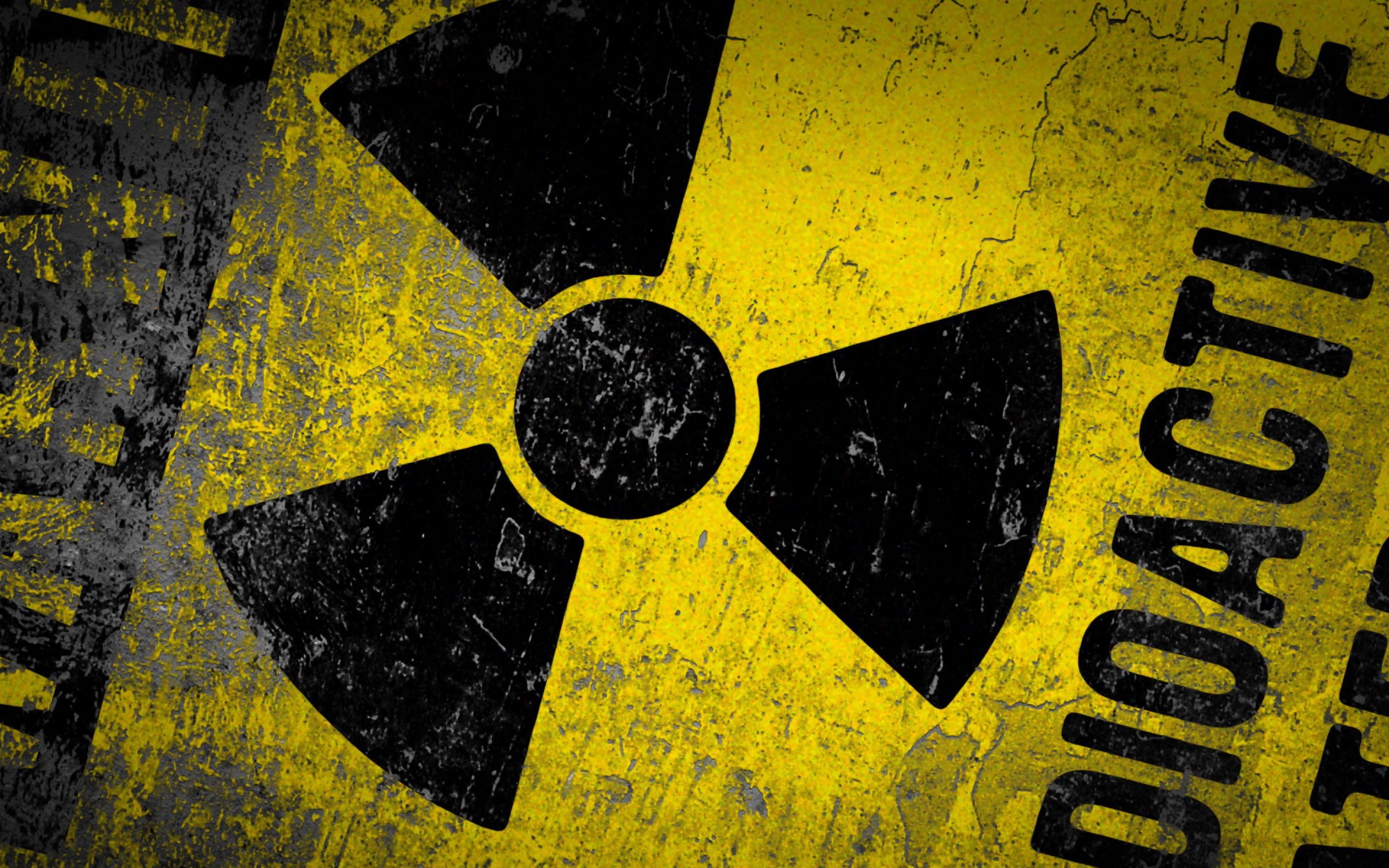 Simbolo radioattivo, Segnale di pericolo, Giallo e nero, Grunge, sfondo desktop 2880x1800