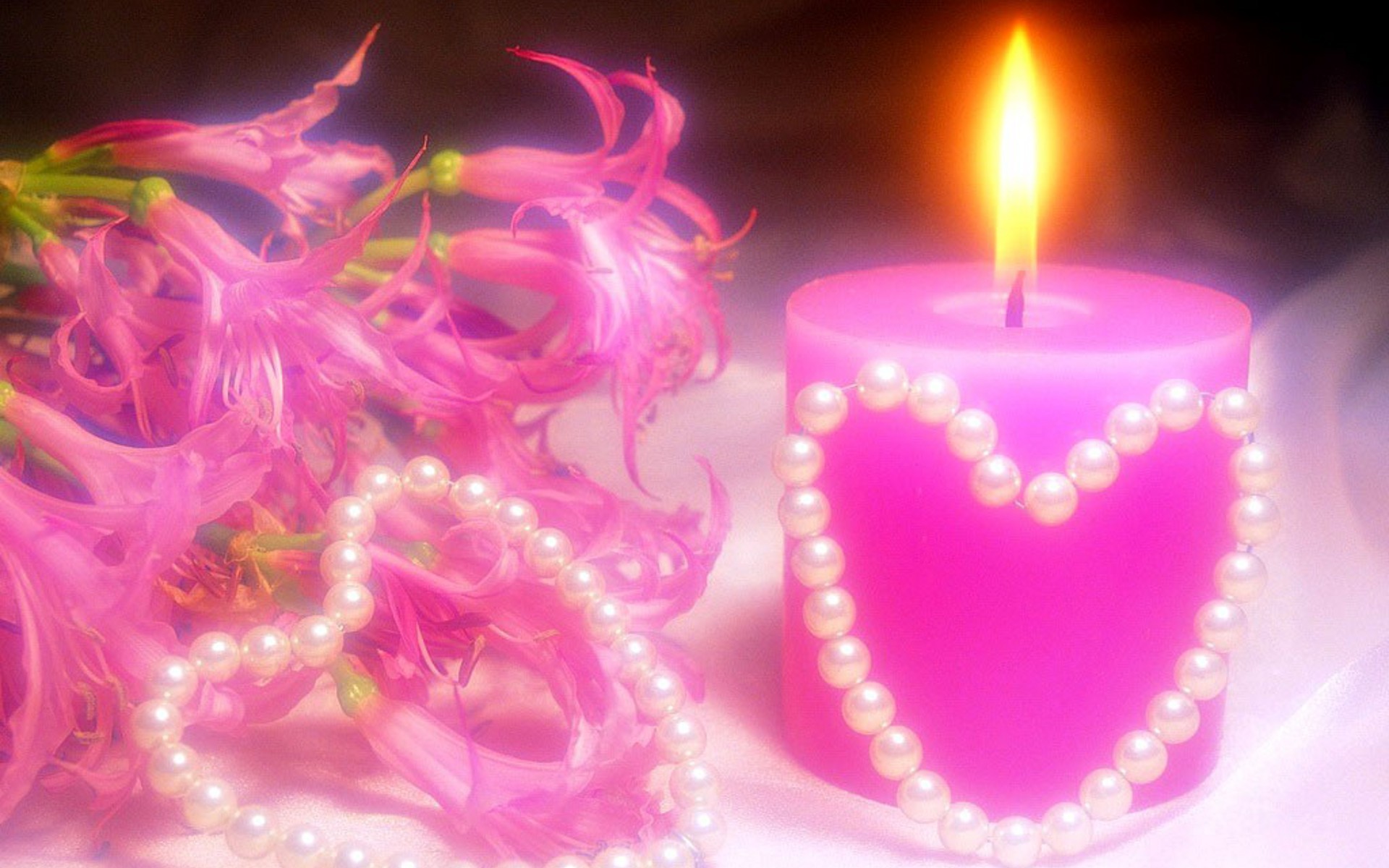 Candela, Perle, Cuore, Fiori rosa, 16:10 Full HD, wallpaper widescreen