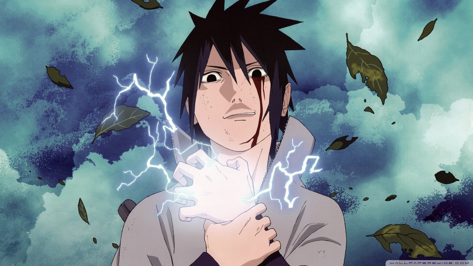Sasuke Uchiha, Chidori, Naruto Shippuden, Foglie, 16:9 Full HD, wallpaper widescreen