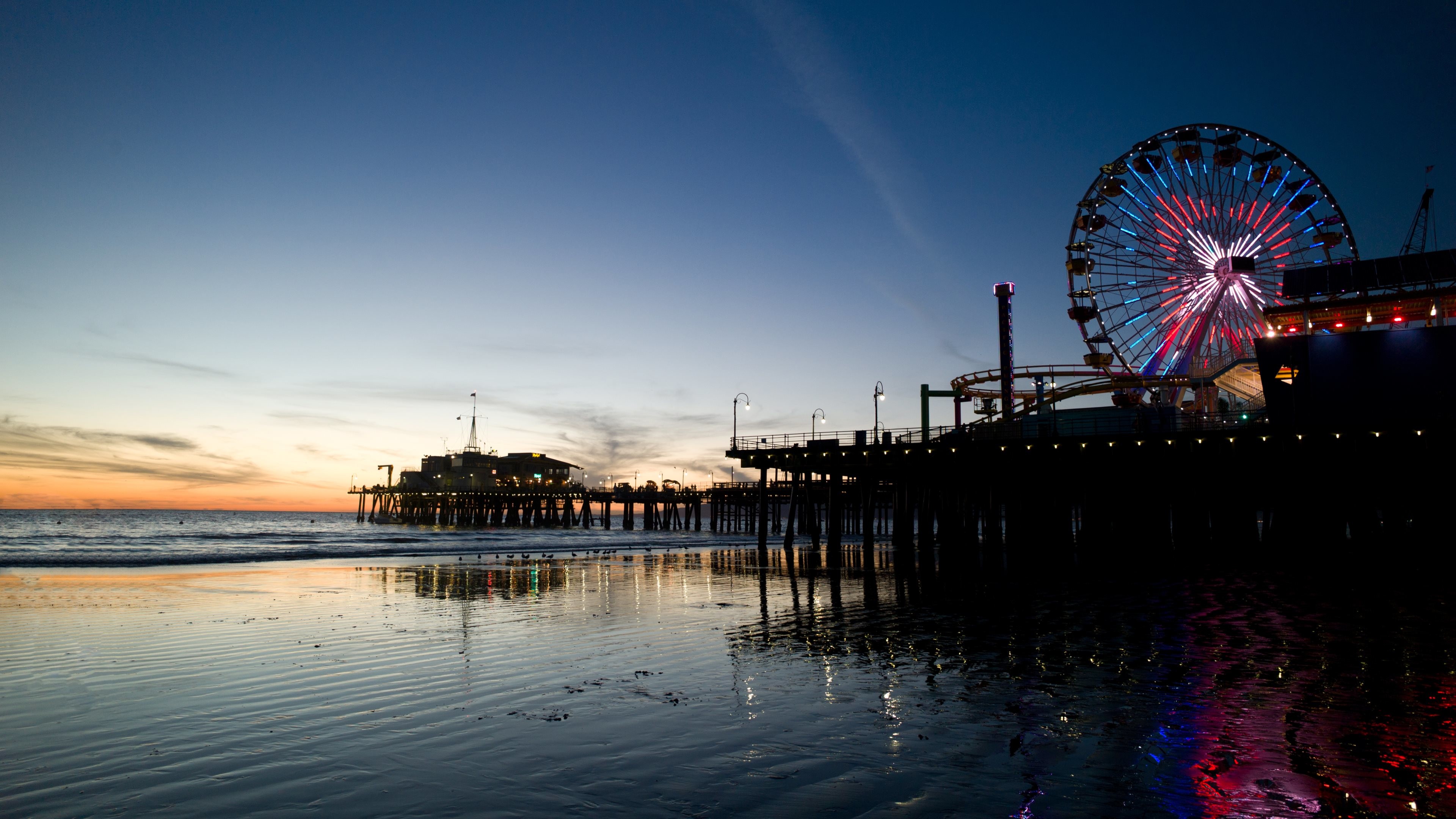 Santa Monica Pier, Pacific Park, California, Ruota panoramica, Spiaggia, Crepuscolo, sfondo desktop