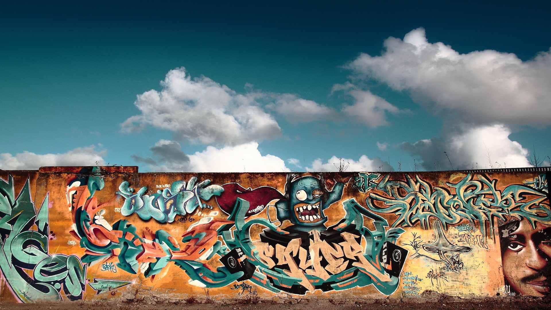 Graffiti, Muro, Cielo, Nuvole, 16:9 Full HD, wallpaper widescreen