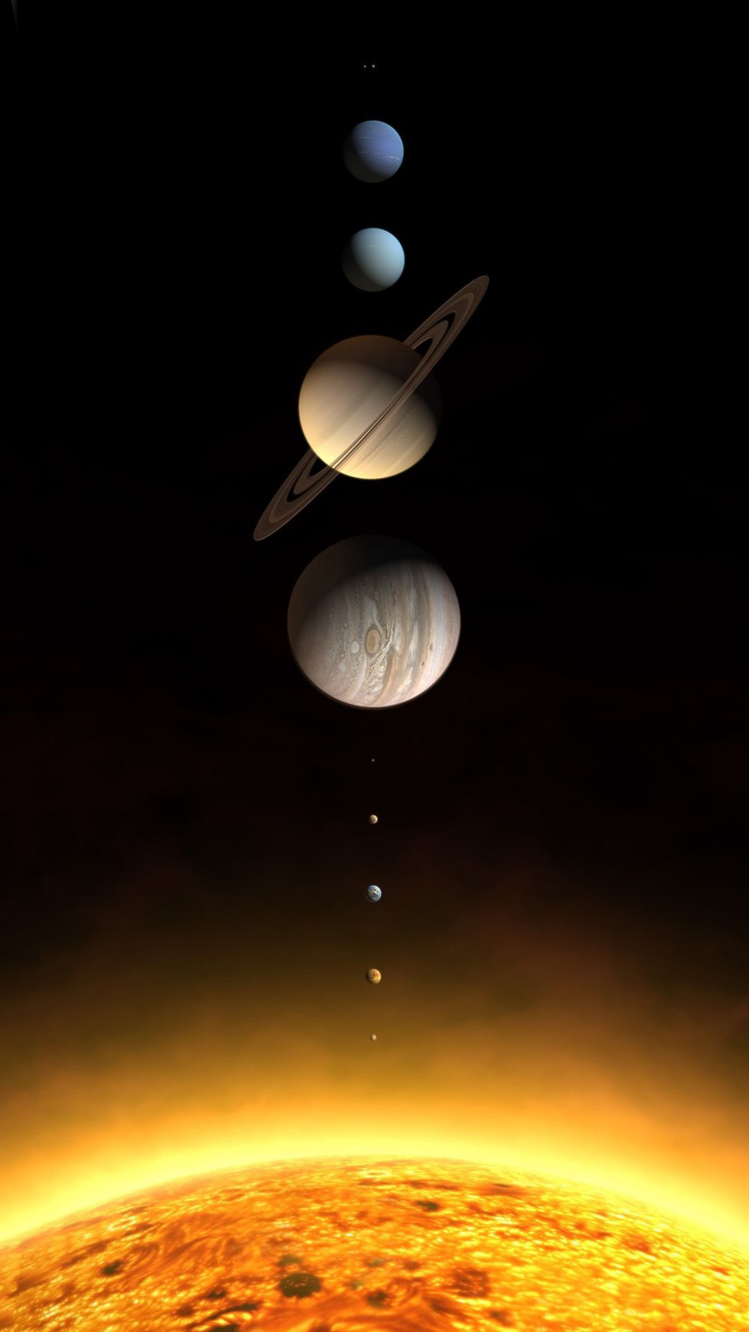 Sistema solare, Sole, Saturno, Giove, Pianeti allineati, Full HD, wallpaper per smartphone