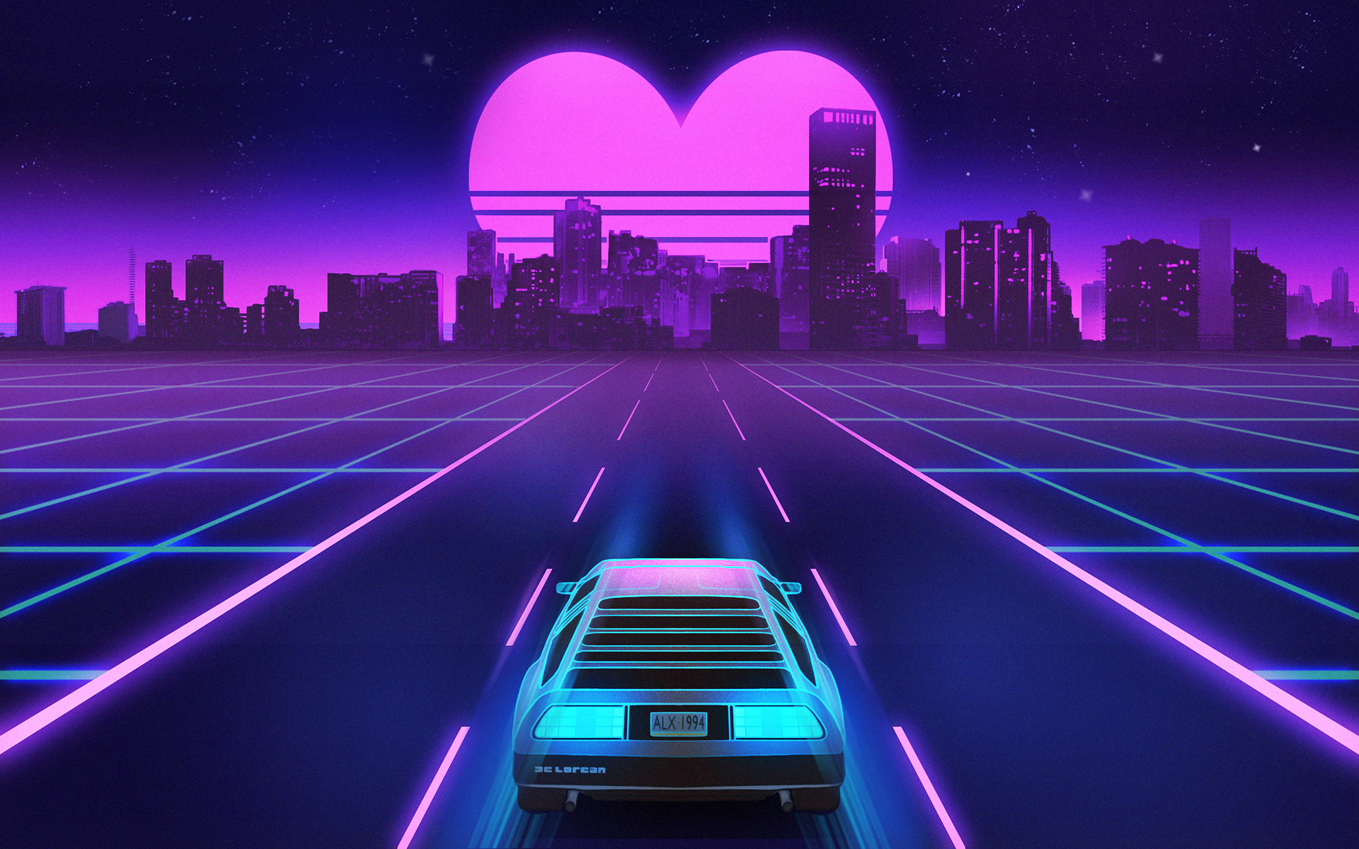 Synthwave, DeLorean, Cuore, Skyline, Griglia neon, 1920x1200, sfondo MacBook Pro