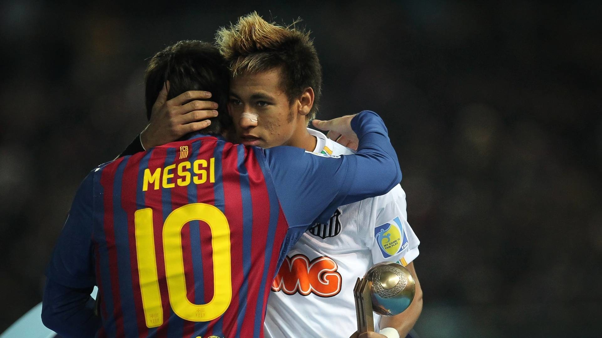Neymar, Lionel Messi, Santos FC, FC Barcelona, Abbraccio, Full HD, wallpaper per portatile