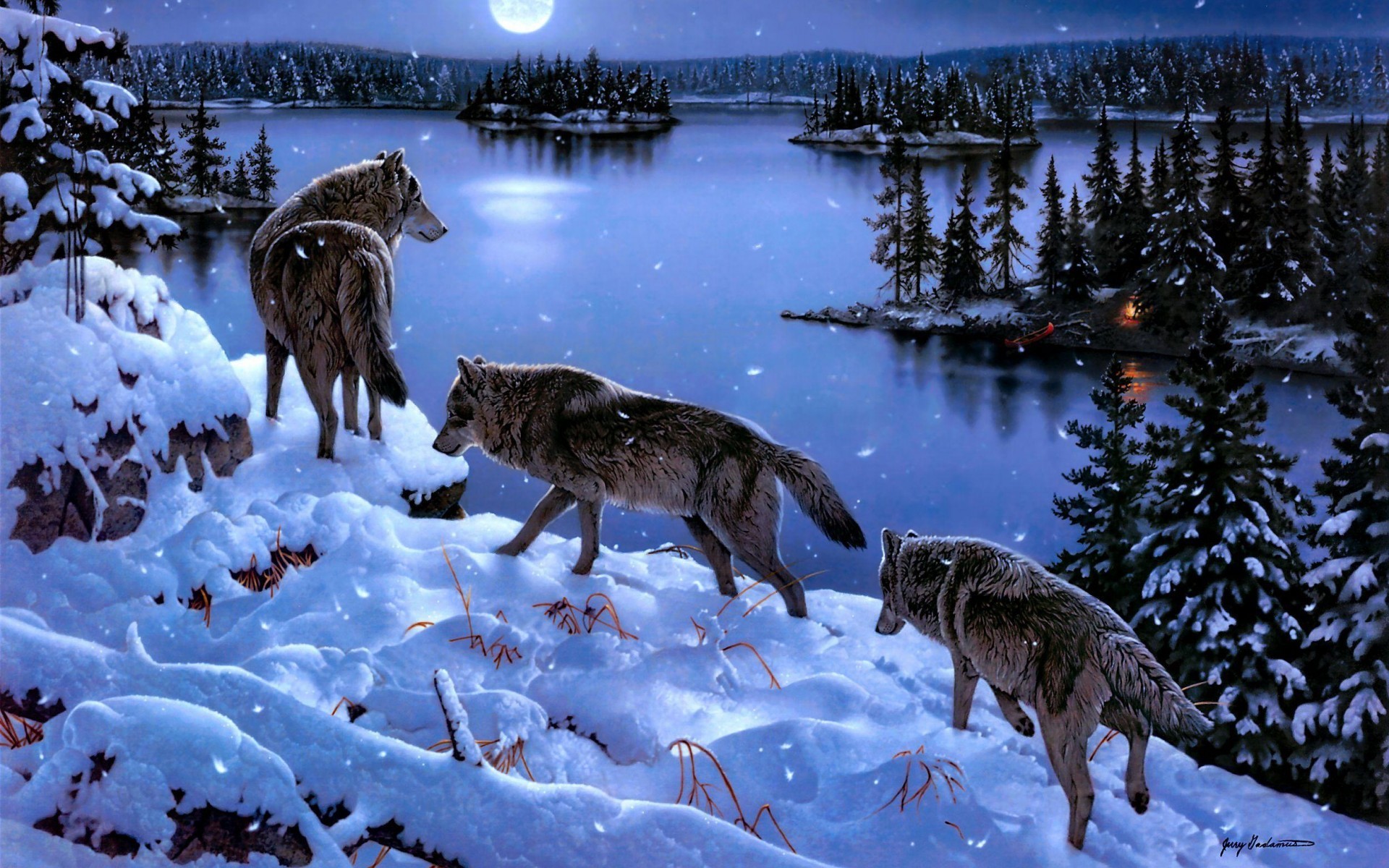 Lupi, Lago, Notte, Neve, Full HD, sfondo per portatile