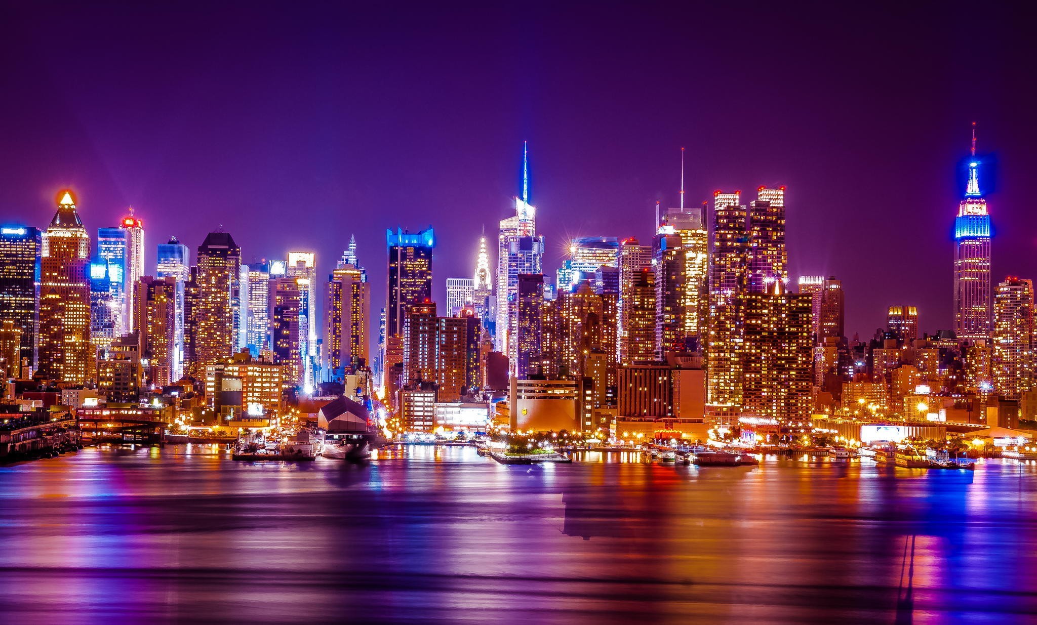 Skyline di Manhattan, Empire State Building, New York, Notte, Full HD, sfondo desktop