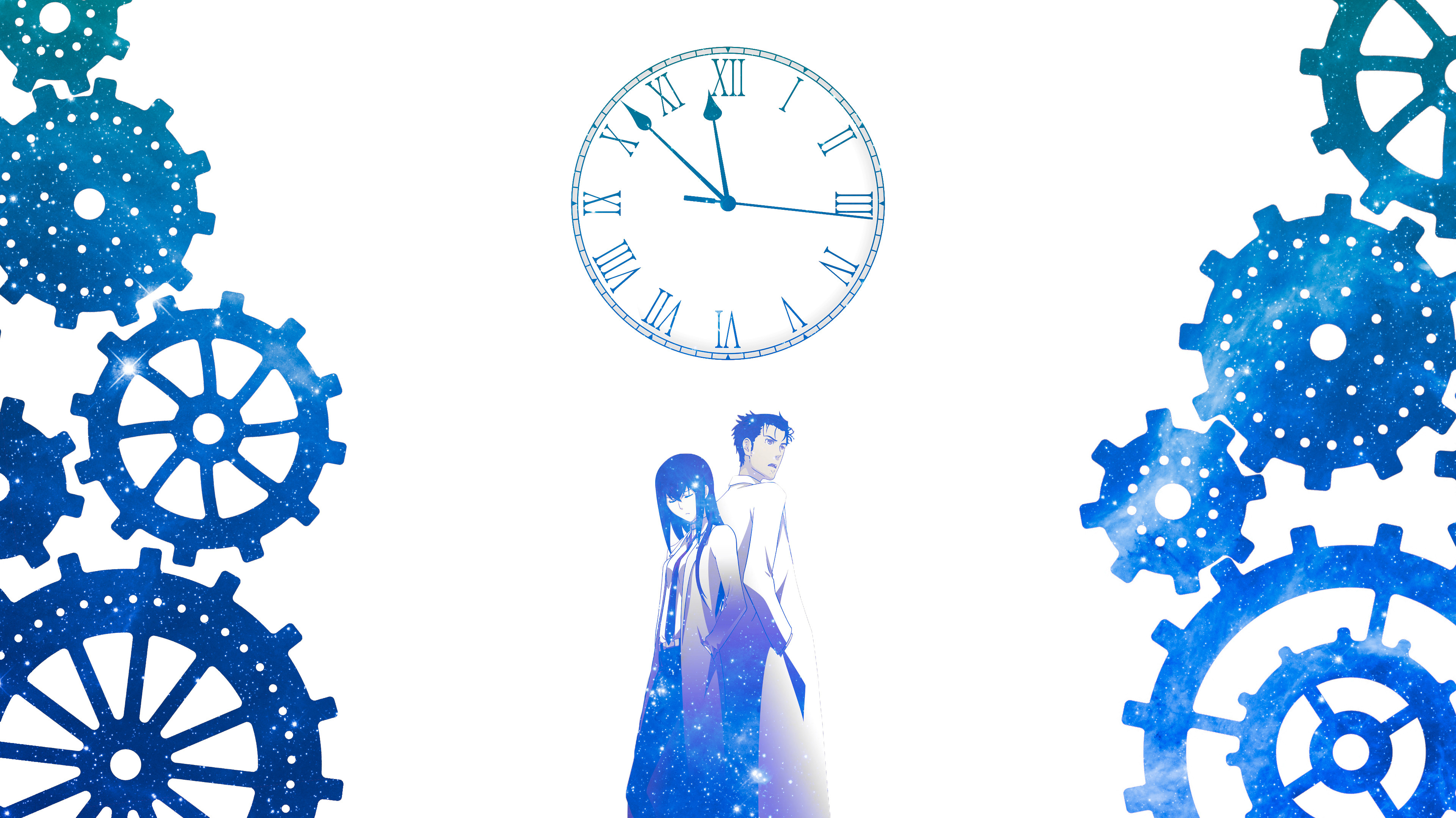 Steins;Gate, Rintaro Okabe, Kurisu Makise, Ingranaggi, Orologio, Blu, sfondo 3840x2160 per PC