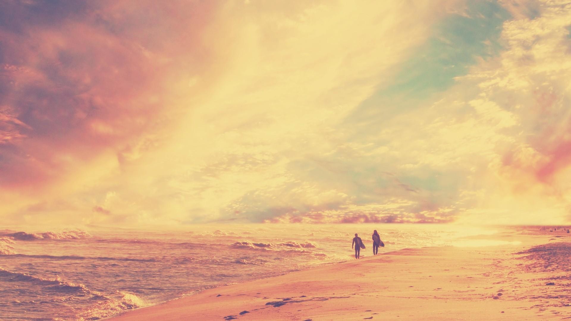 Spiaggia, Coppia, Tramonto, Vintage, Toni caldi, 16:9 Full HD, sfondo widescreen