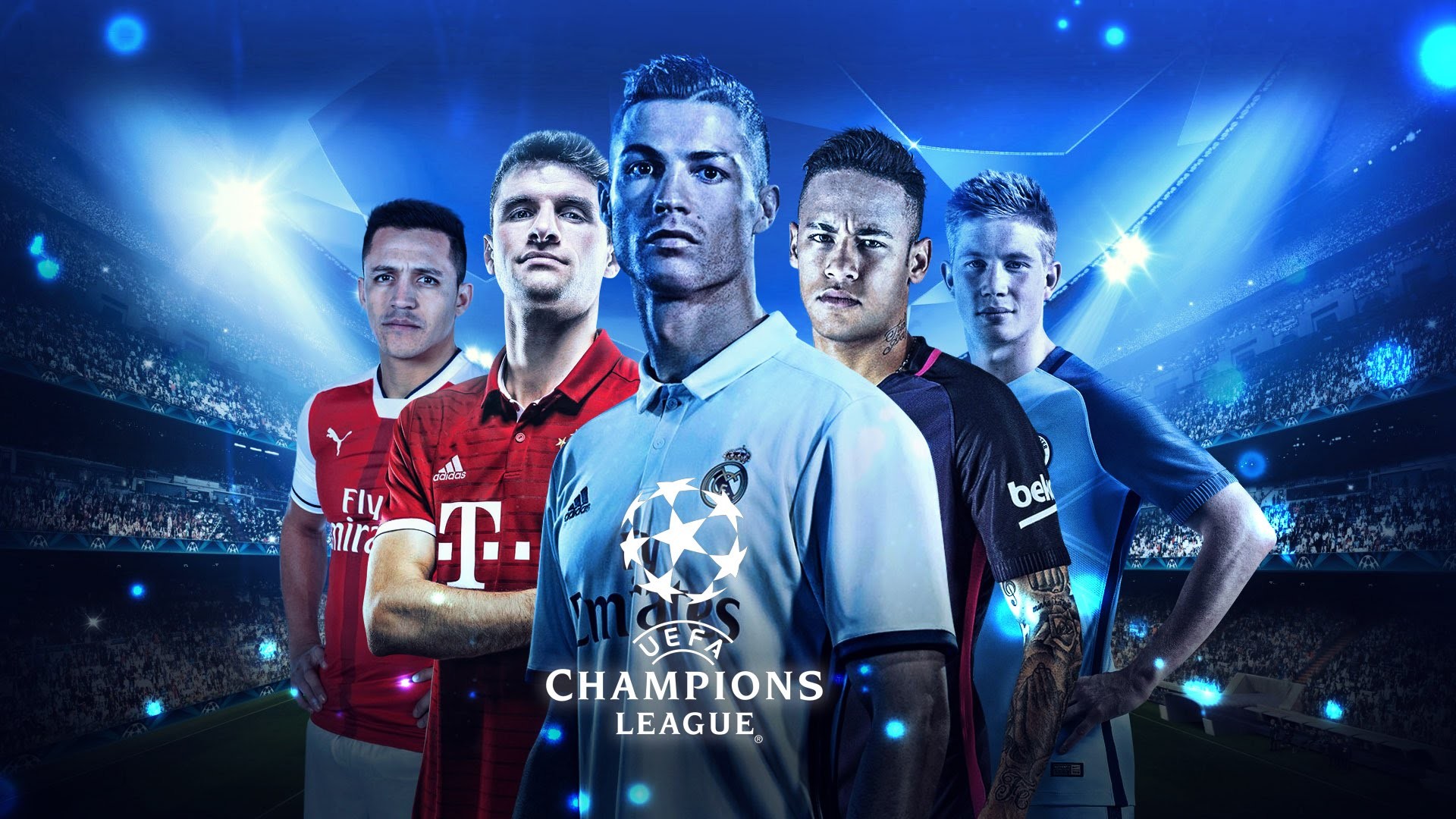 Cristiano Ronaldo, Thomas Müller, Alexis Sánchez, Neymar, Kevin De Bruyne, UEFA Champions League, sfondo desktop