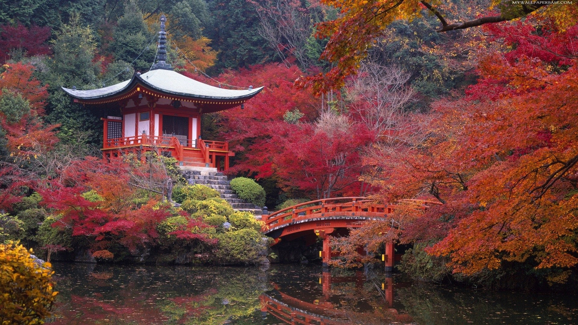 Tempio Daigo-ji, Kyoto, Ponte rosso, Aceri, Autunno, Laghetto, 16:9 Full HD, sfondo widescreen