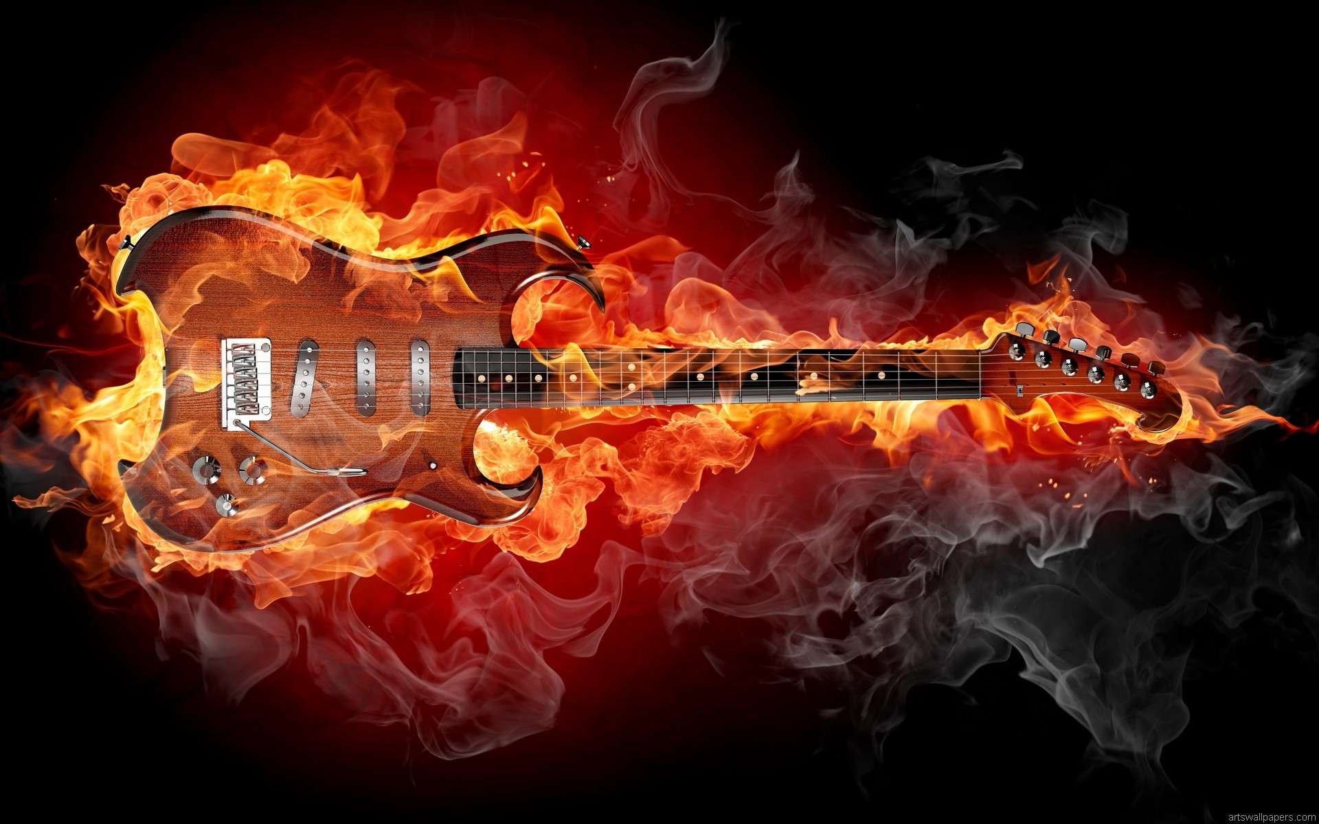 Chitarra elettrica, Fiamme, Fumo, Sfondo nero, Full HD, wallpaper per computer