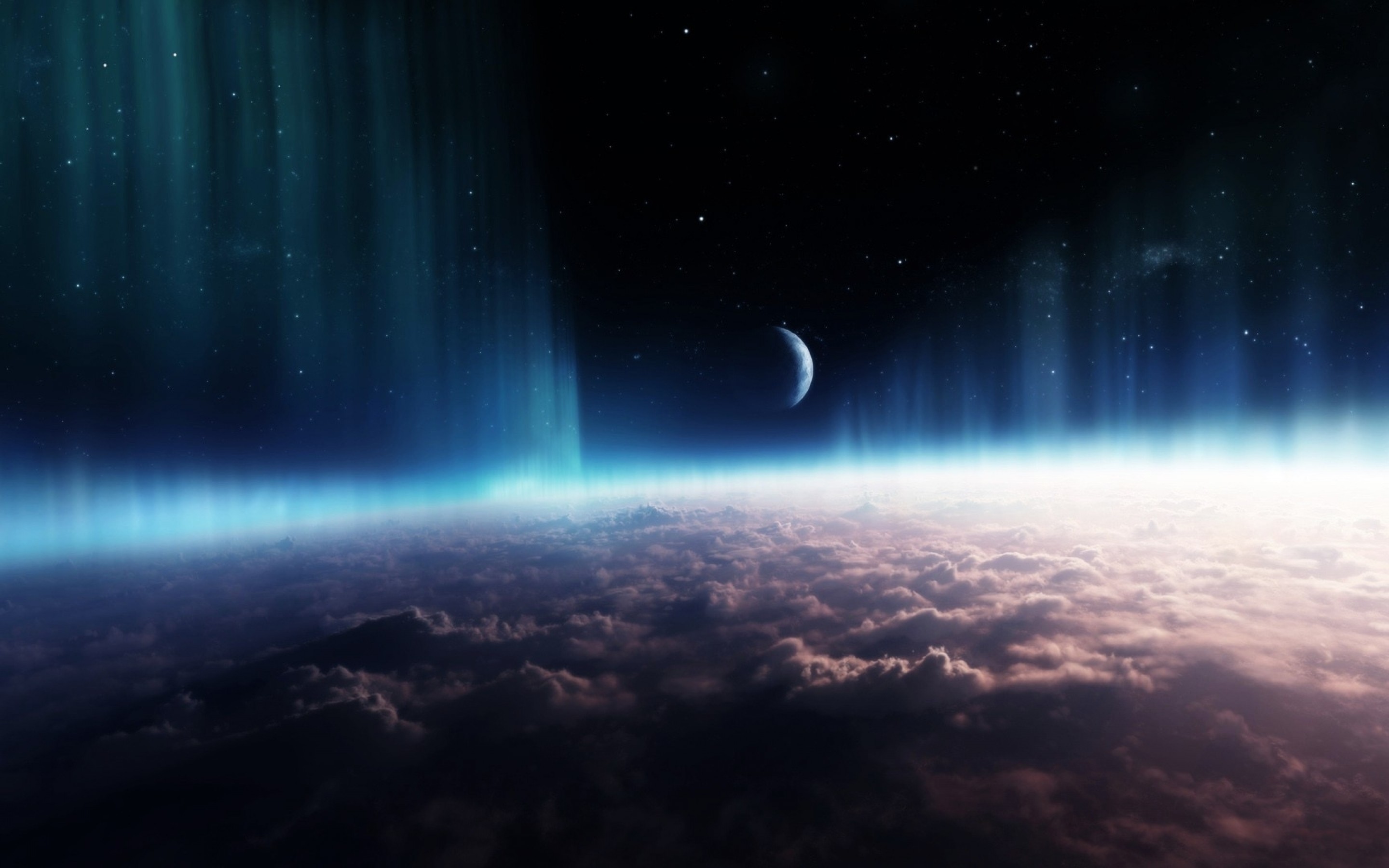 Pianeta, Luna, Nuvole, Aurora, Orbita, 2880x1800, wallpaper desktop