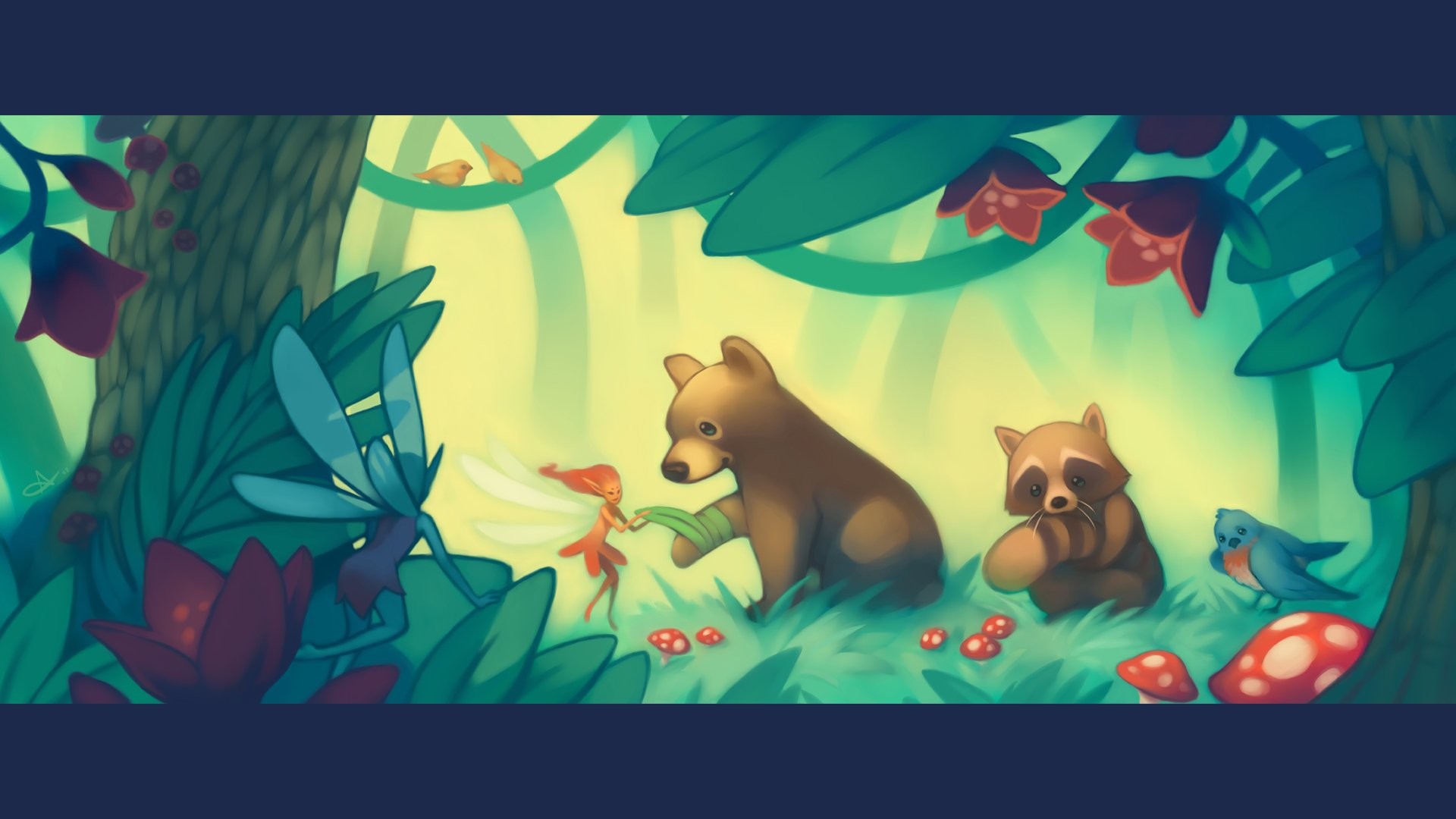 Orsetti, Foresta, Illustrazione, Funghi, sfondo per il tuo desktop