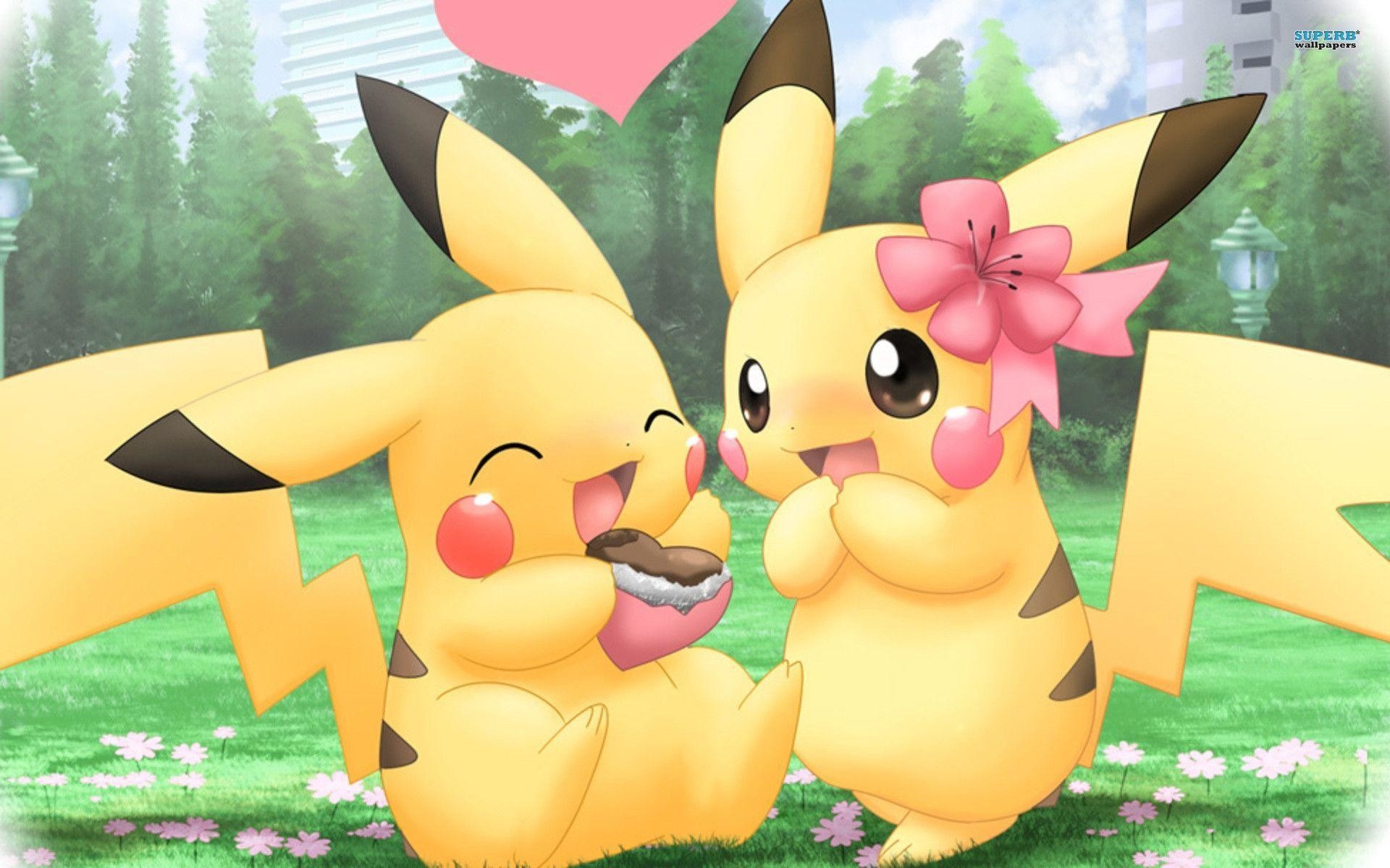 Pikachu, Pokémon, Coppia, Fiore, Prato, 16:10 Full HD, sfondo widescreen