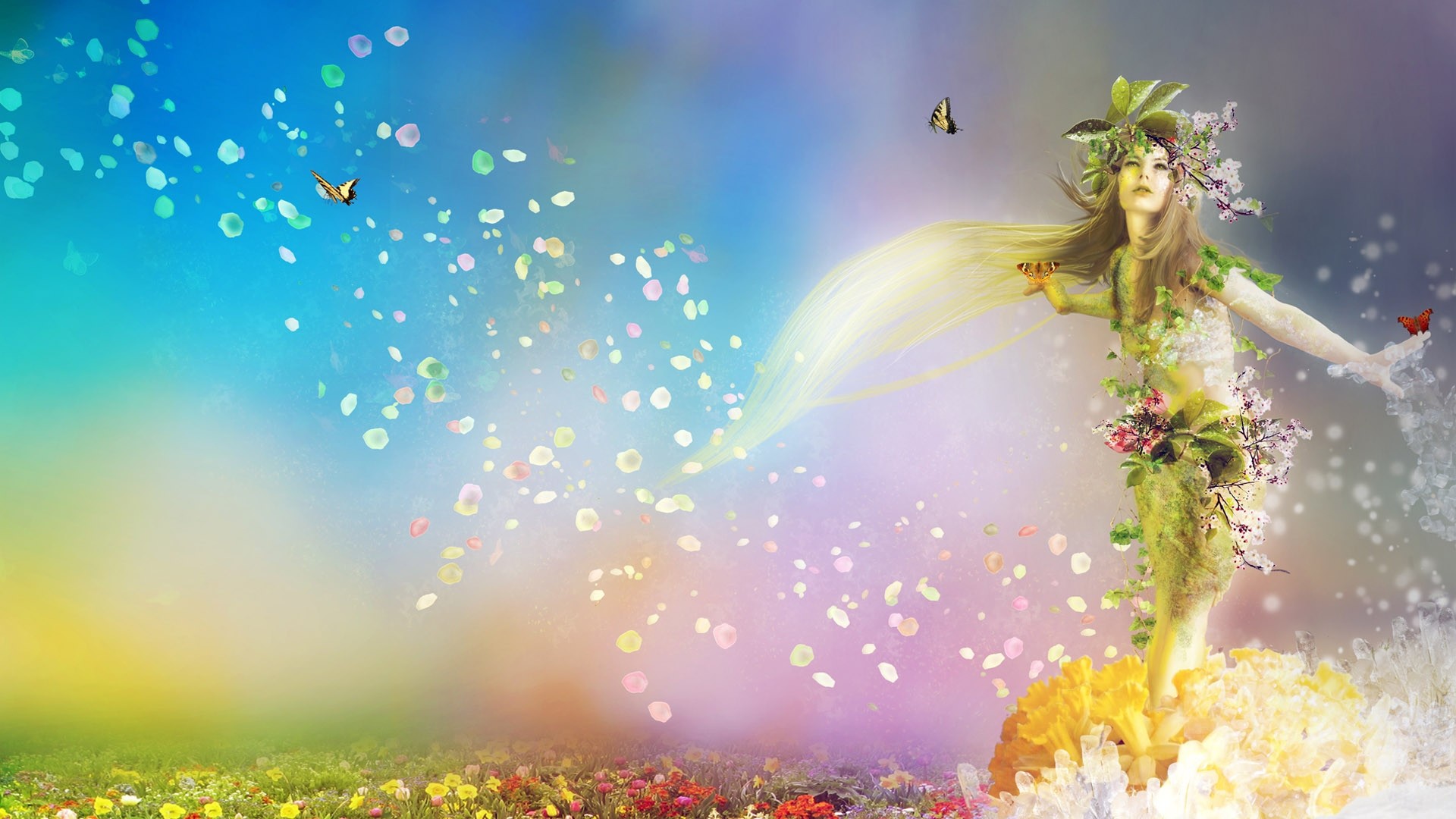 Fata della primavera, Farfalle, Petali, Arte fantasy, 1920x1080, immagine di sfondo