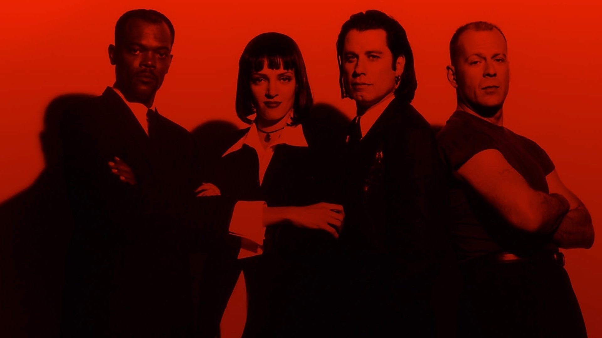 Pulp Fiction, Samuel L. Jackson, Uma Thurman, John Travolta, Bruce Willis, Rosso, sfondo 1080p