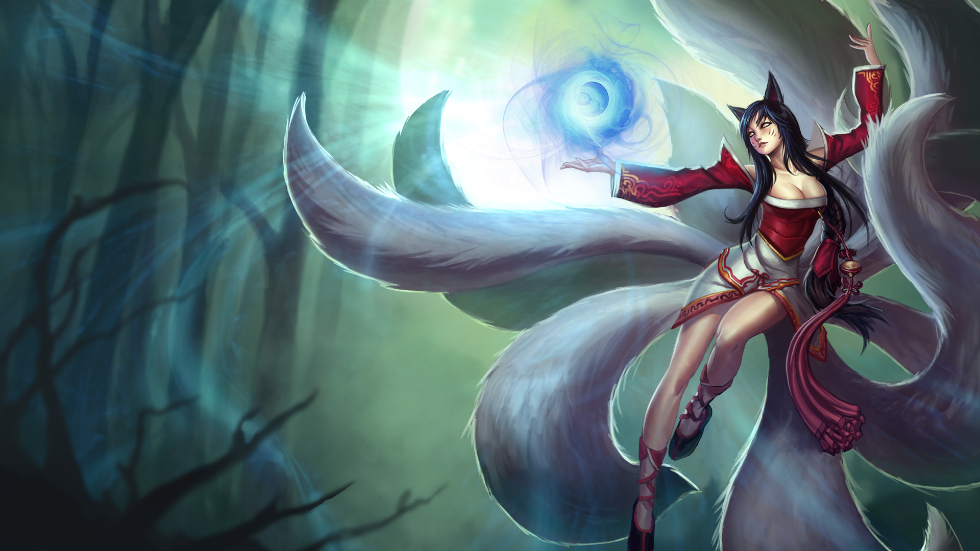 Ahri, League of Legends, Volpe a nove code, Foresta, Full HD, wallpaper per portatile