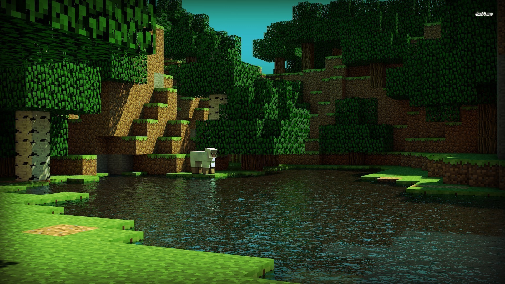 Minecraft, Foresta, Lago, Shader, Pecora, Full HD, sfondo per portatile