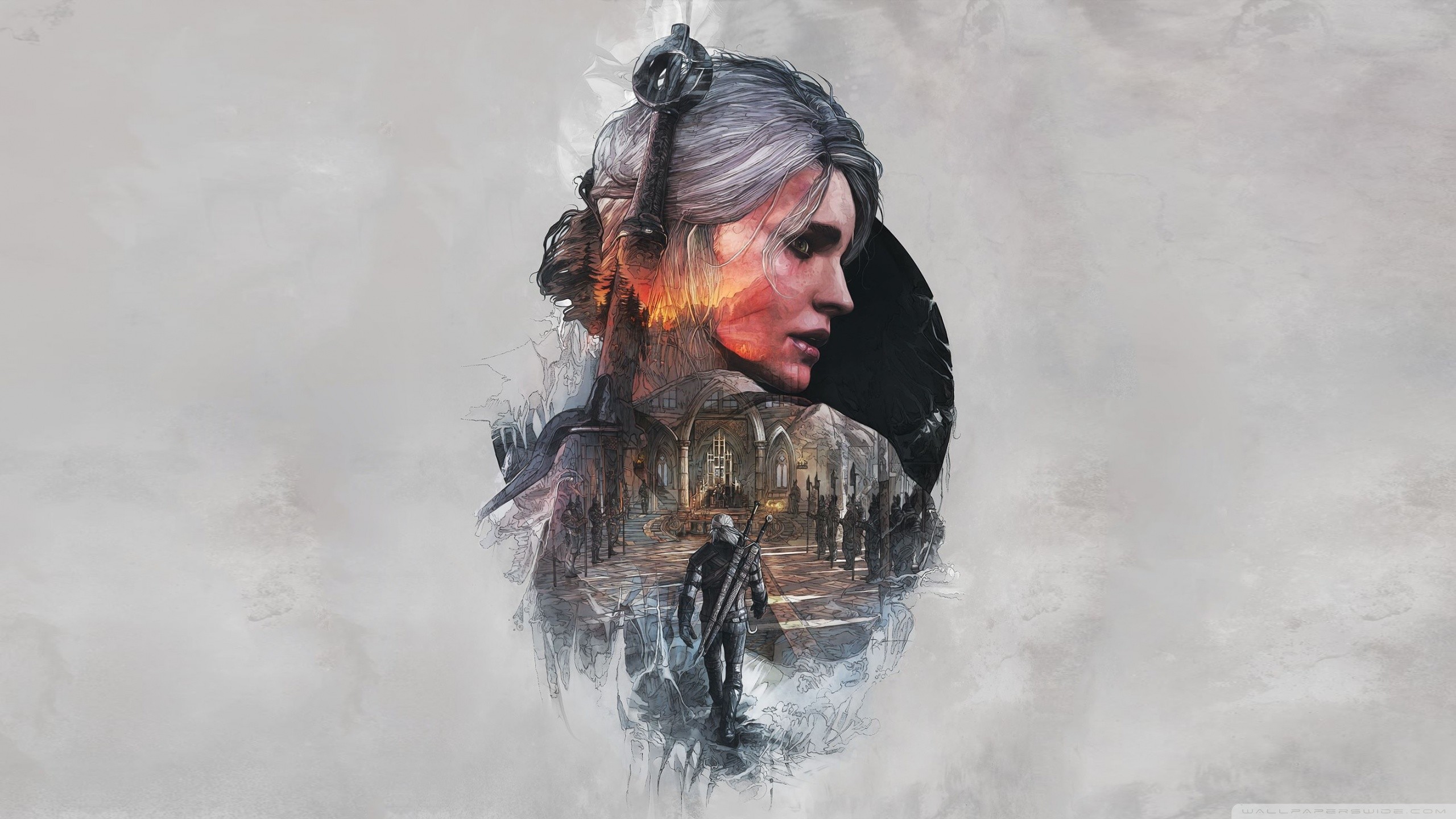 Ciri, The Witcher 3: Wild Hunt, Doppia esposizione, Sfondo bianco, wallpaper 2560x1440
