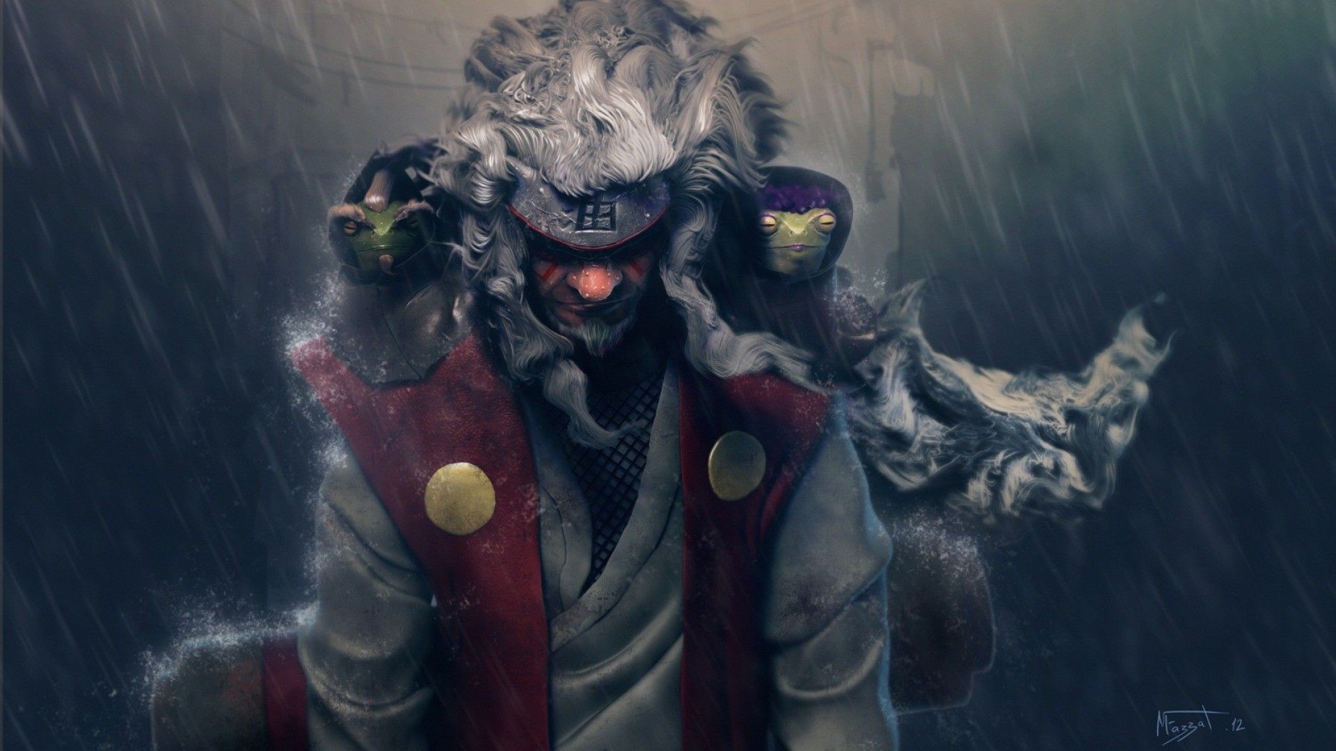 Jiraiya, Pioggia, Naruto Shippuden, Arte digitale, 16:9 Full HD, wallpaper widescreen