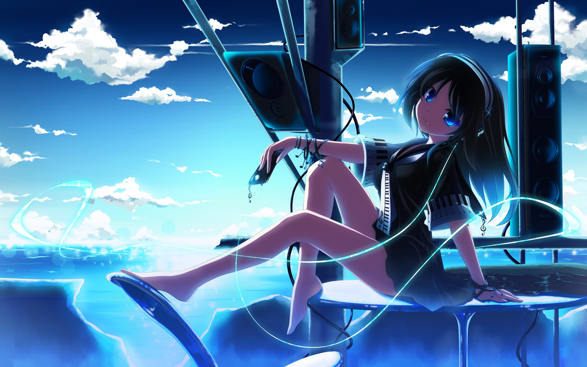 Ragazza anime, Cuffie, Altoparlanti, Cielo azzurro, 1920x1200, immagine di sfondo