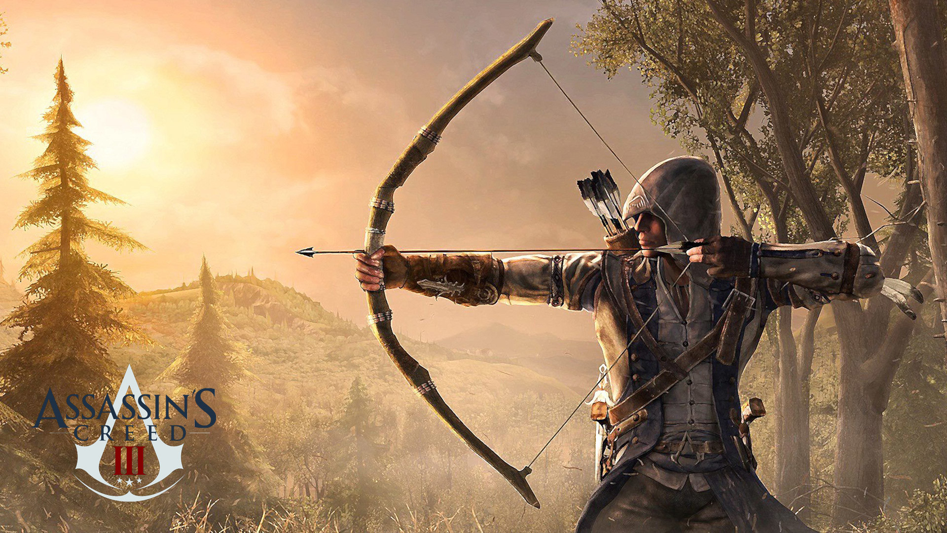 Connor Kenway, Assassin's Creed III, Arco, Bosco, Tramonto, Full HD 1080p, sfondo desktop