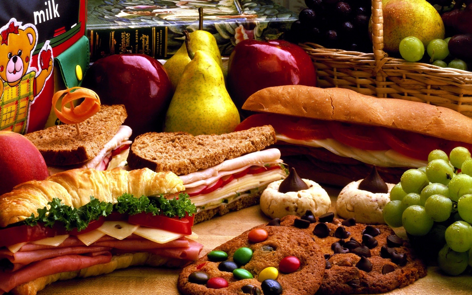 Panini, Biscotti, Frutta, Pera, Uva, 1920x1200, sfondo per PC