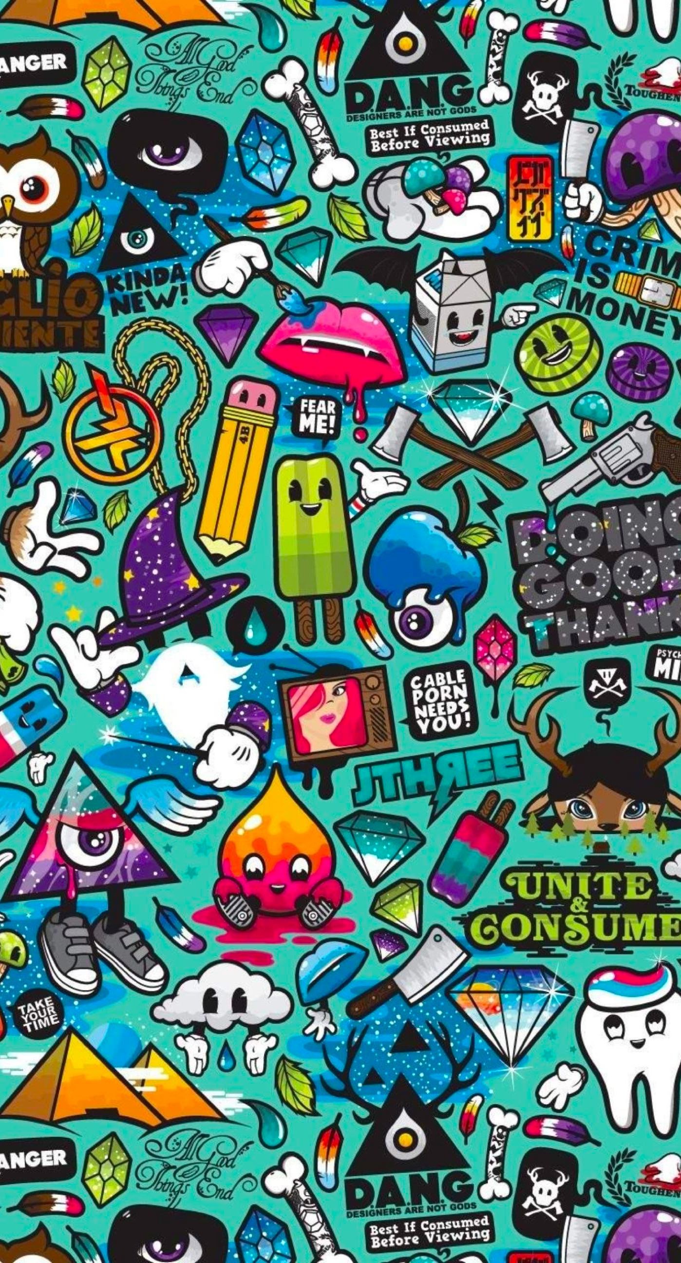 Sticker, Doodle, Motivo, Colori pop, Full HD, wallpaper per smartphone