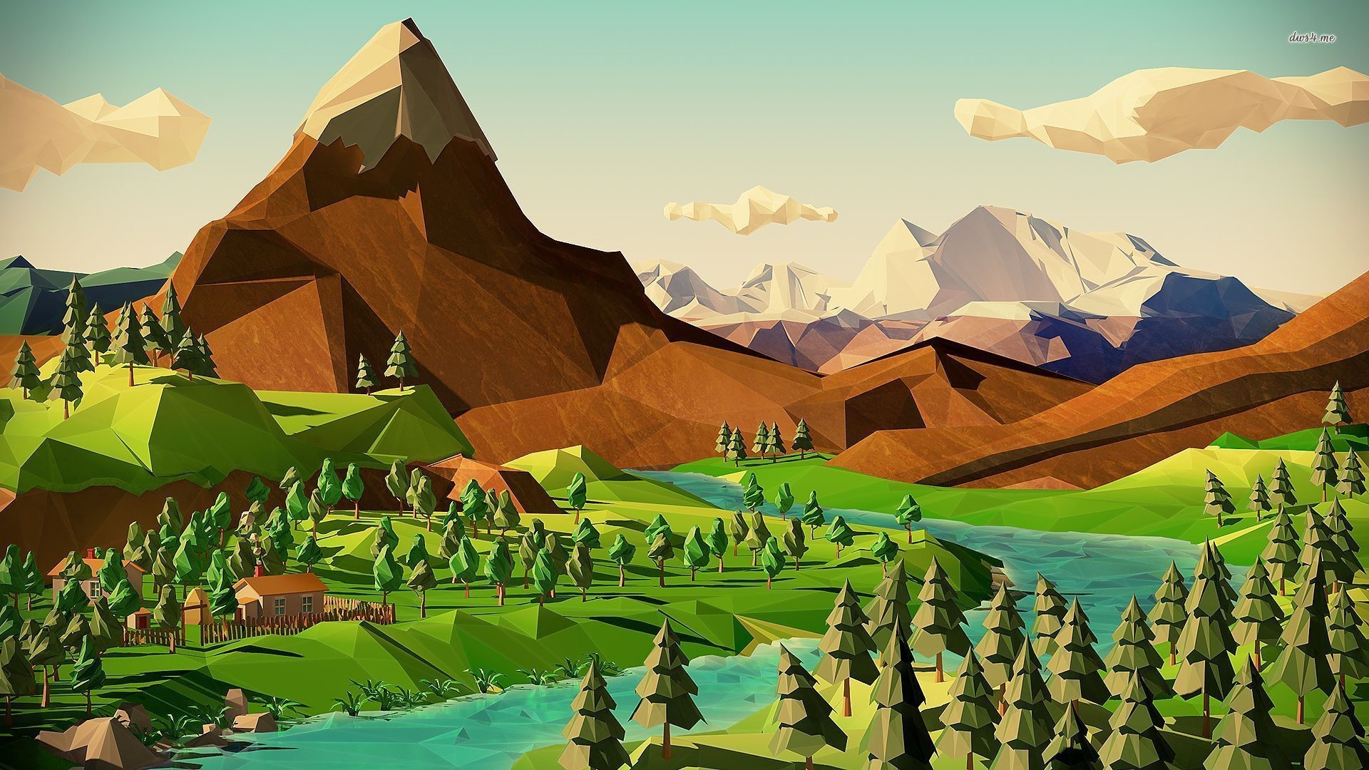 Paesaggio low poly, Montagne, Valle, Fiume, Pini, Arte 3D, Full HD, sfondo Windows 11