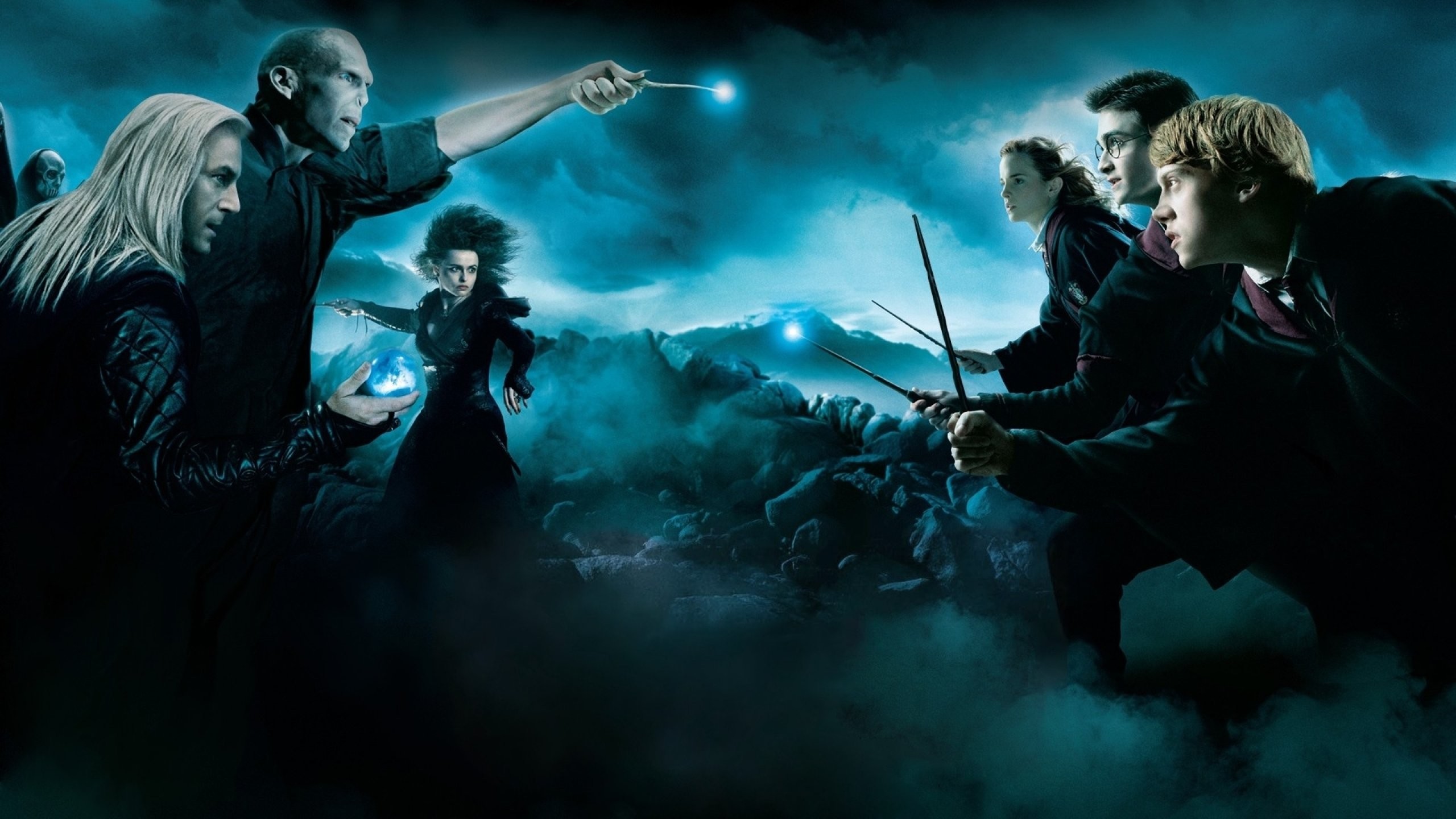 Harry Potter e i Doni della Morte, Lord Voldemort, Bellatrix Lestrange, Lucius Malfoy, Duello, sfondo 1440p