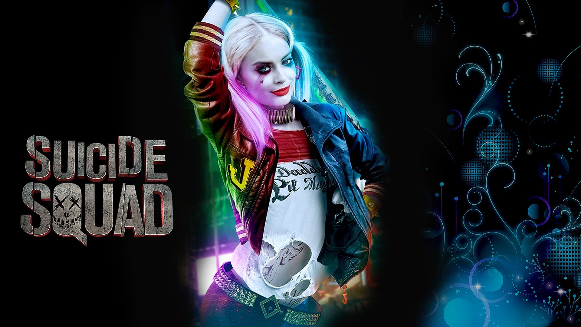 Harley Quinn, Margot Robbie, Suicide Squad, Logo, Neon, 16:9 Full HD, sfondo widescreen