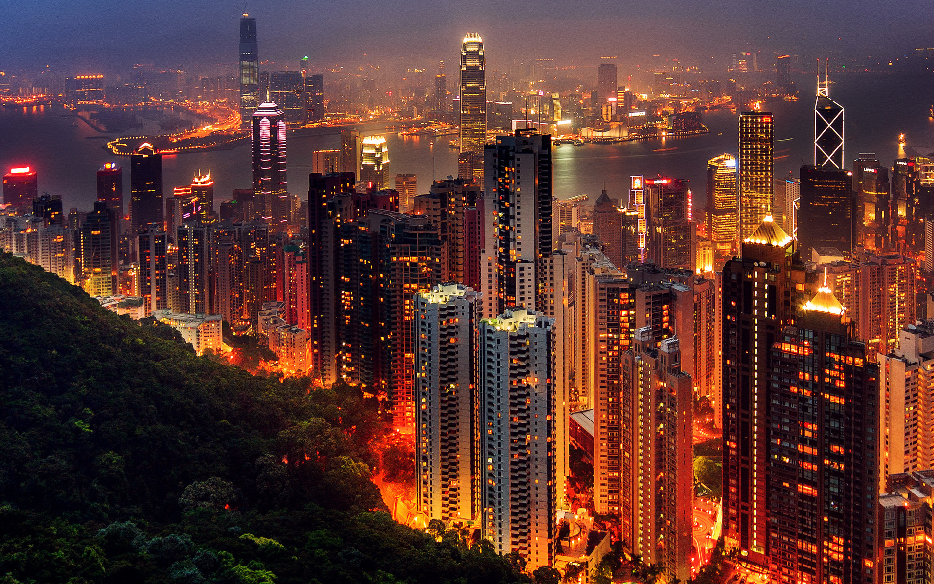 Hong Kong, Victoria Peak, Grattacieli, Notte, Luci della città, Full HD, sfondo Windows 11