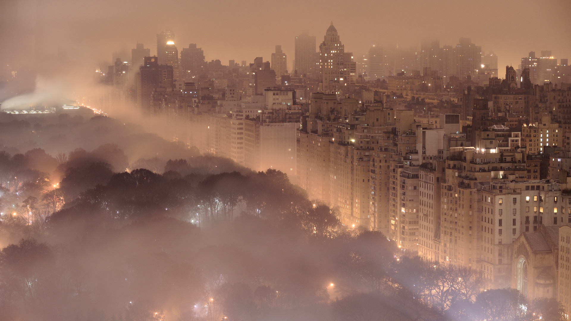 Central Park, Manhattan, Nebbia, Notte, Vista dall'alto, 16:9 Full HD, sfondo widescreen