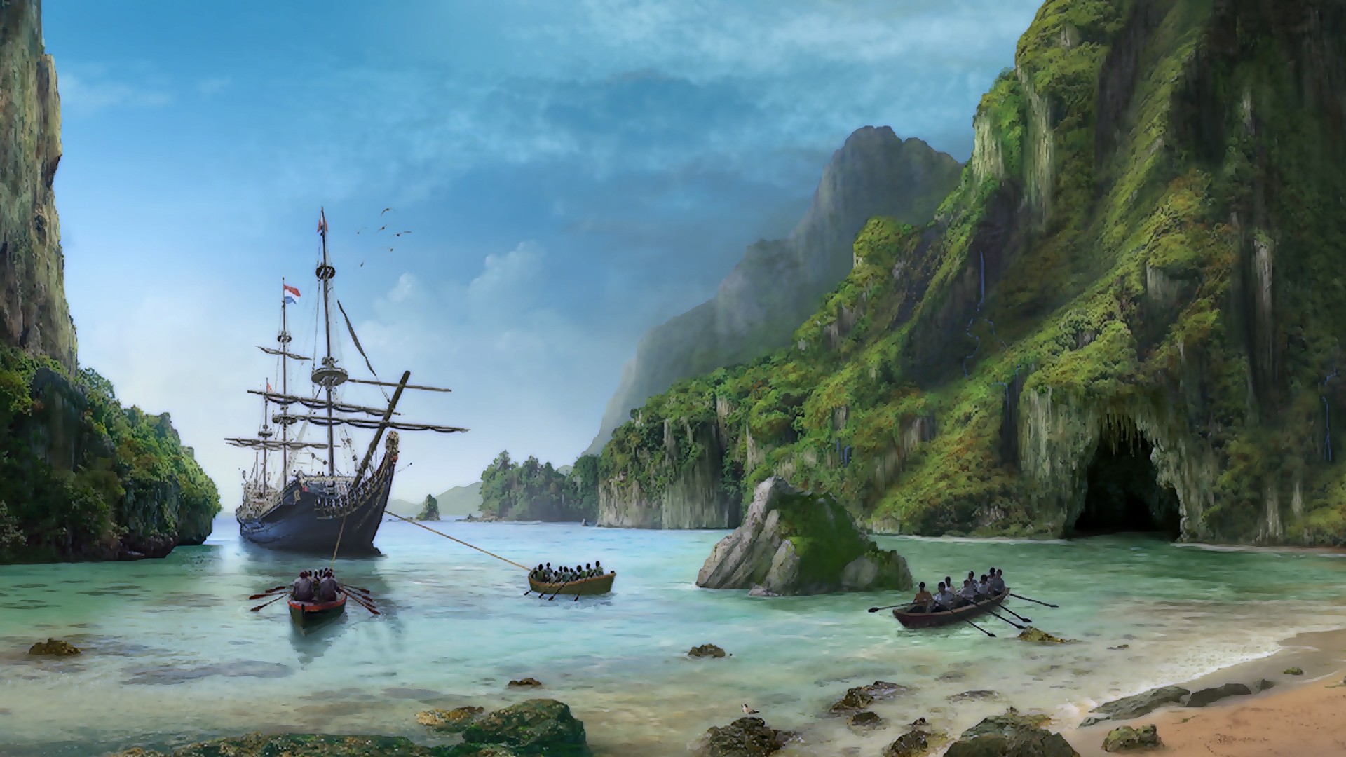 Nave pirata, Isola tropicale, Scialuppe, Spiaggia, 16:9 Full HD, sfondo widescreen
