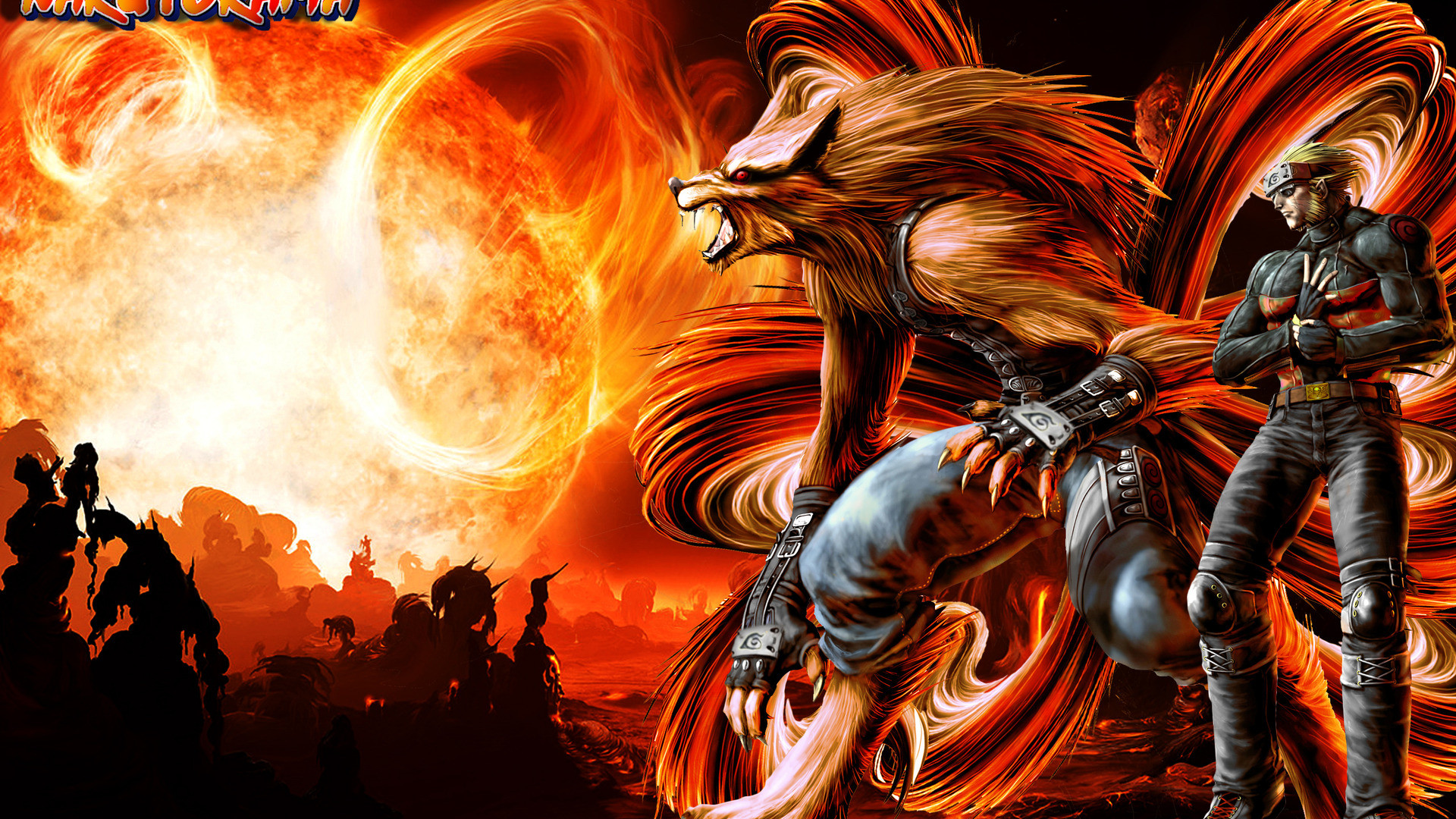 Kakashi Hatake, Kurama, Naruto, Fiamme, Arancione, 16:9 Full HD, sfondo widescreen
