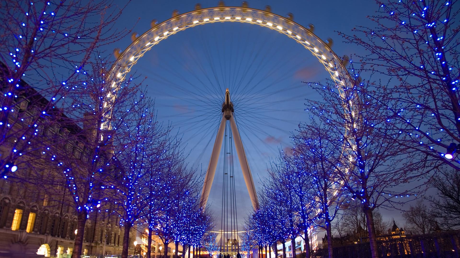 London Eye, Londra, Luci blu, Alberi illuminati, Notte, 1920x1080, sfondo per PC