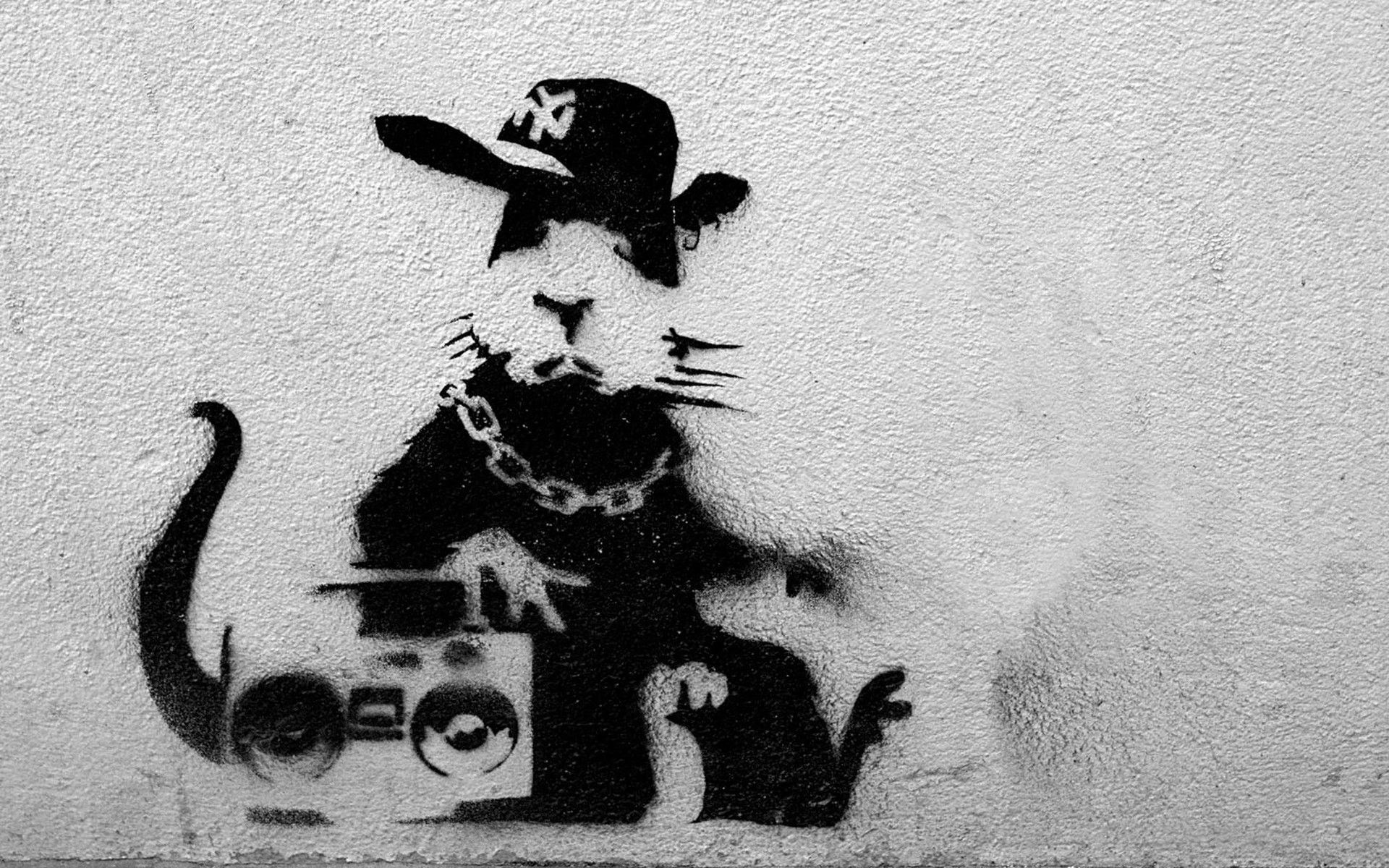 Banksy, Ratto con stereo, Stencil, Graffiti, Bianco e nero, 1920x1200, sfondo per PC