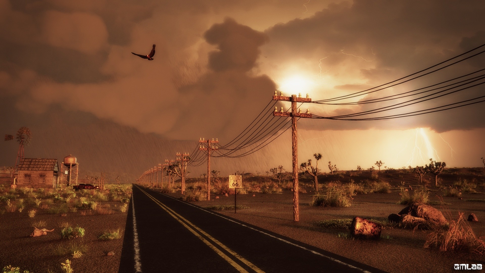 Route 66, Deserto, Pali del telefono, Temporale, Arte digitale, Full HD 1080p, sfondo desktop