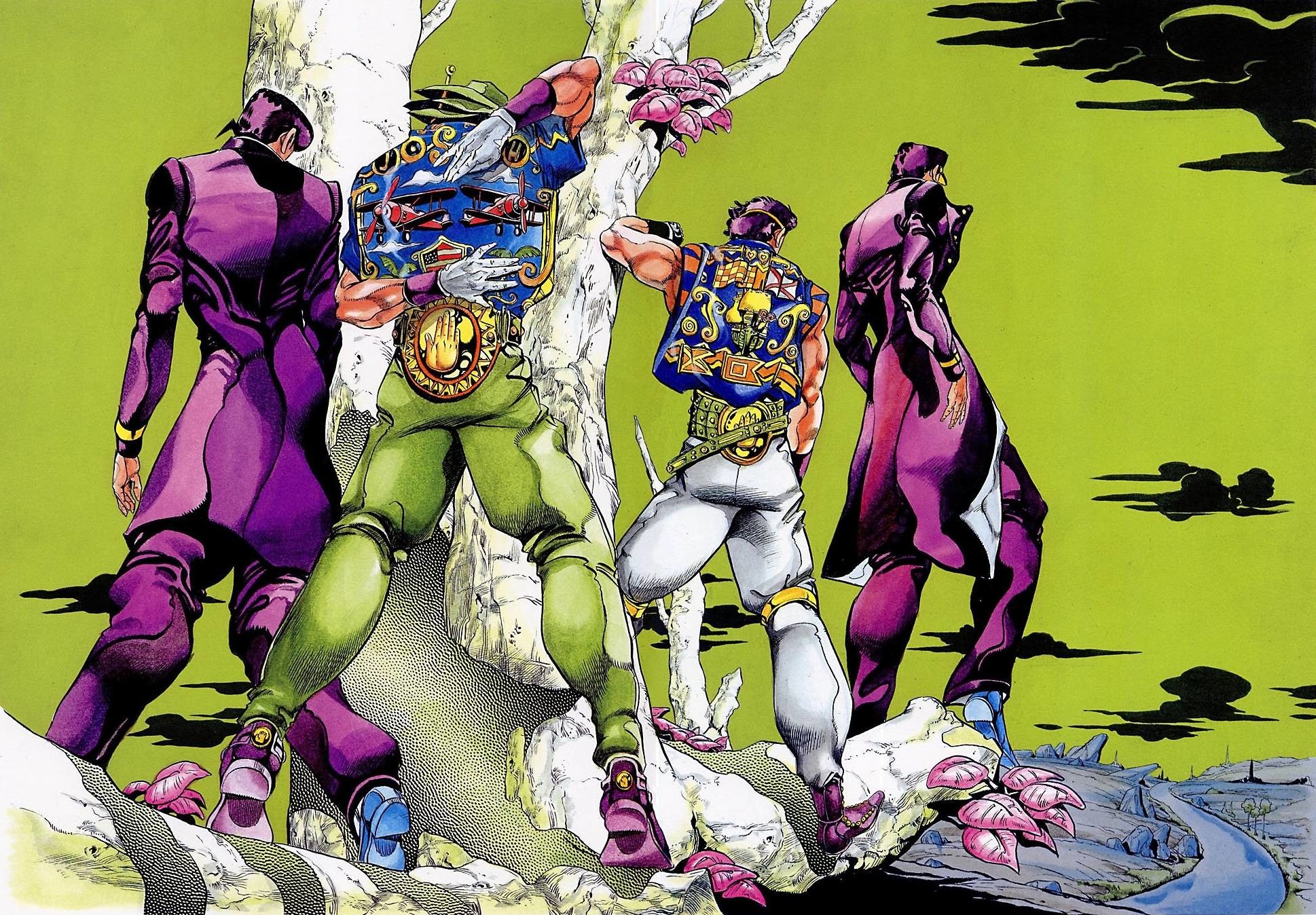 Le bizzarre avventure di JoJo, Diamond Is Unbreakable, Josuke Higashikata, Okuyasu Nijimura, Sfondo verde, wallpaper desktop