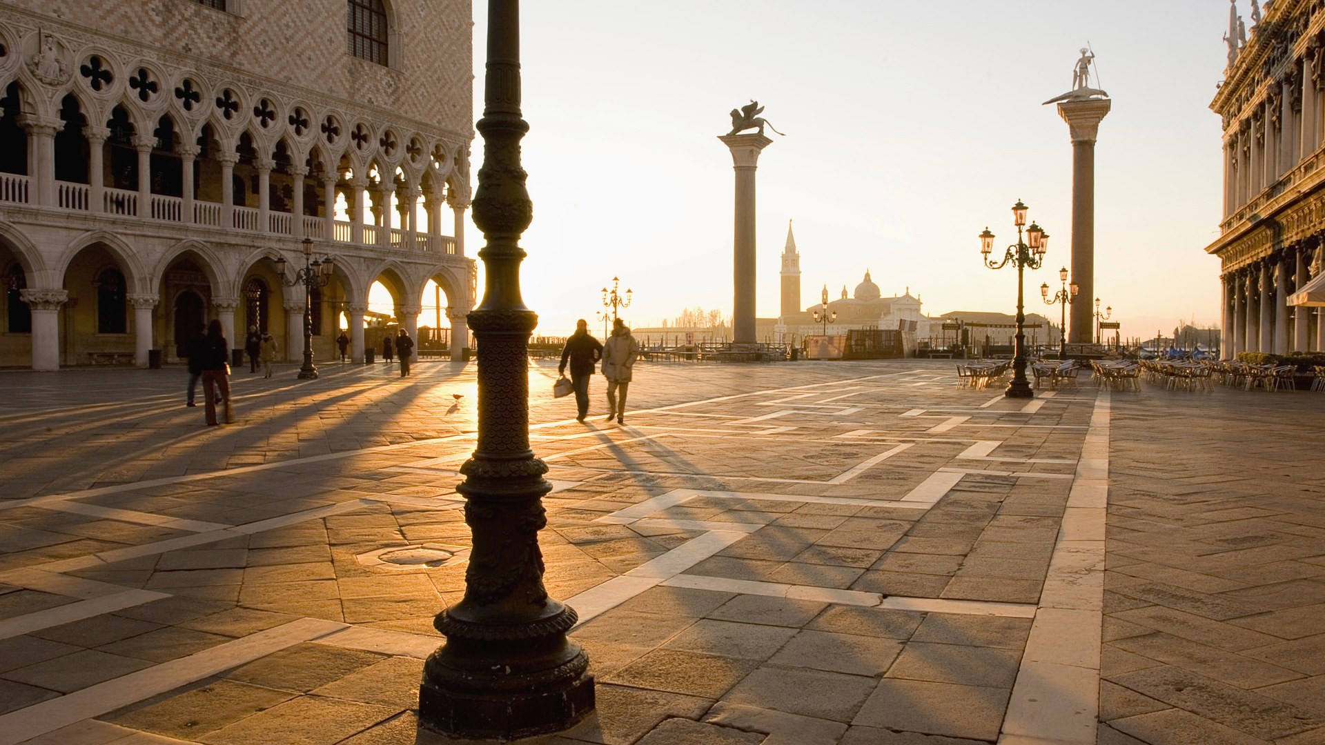 Piazza San Marco, Venezia, Colonne di San Marco e San Todaro, Palazzo Ducale, Alba, wallpaper desktop