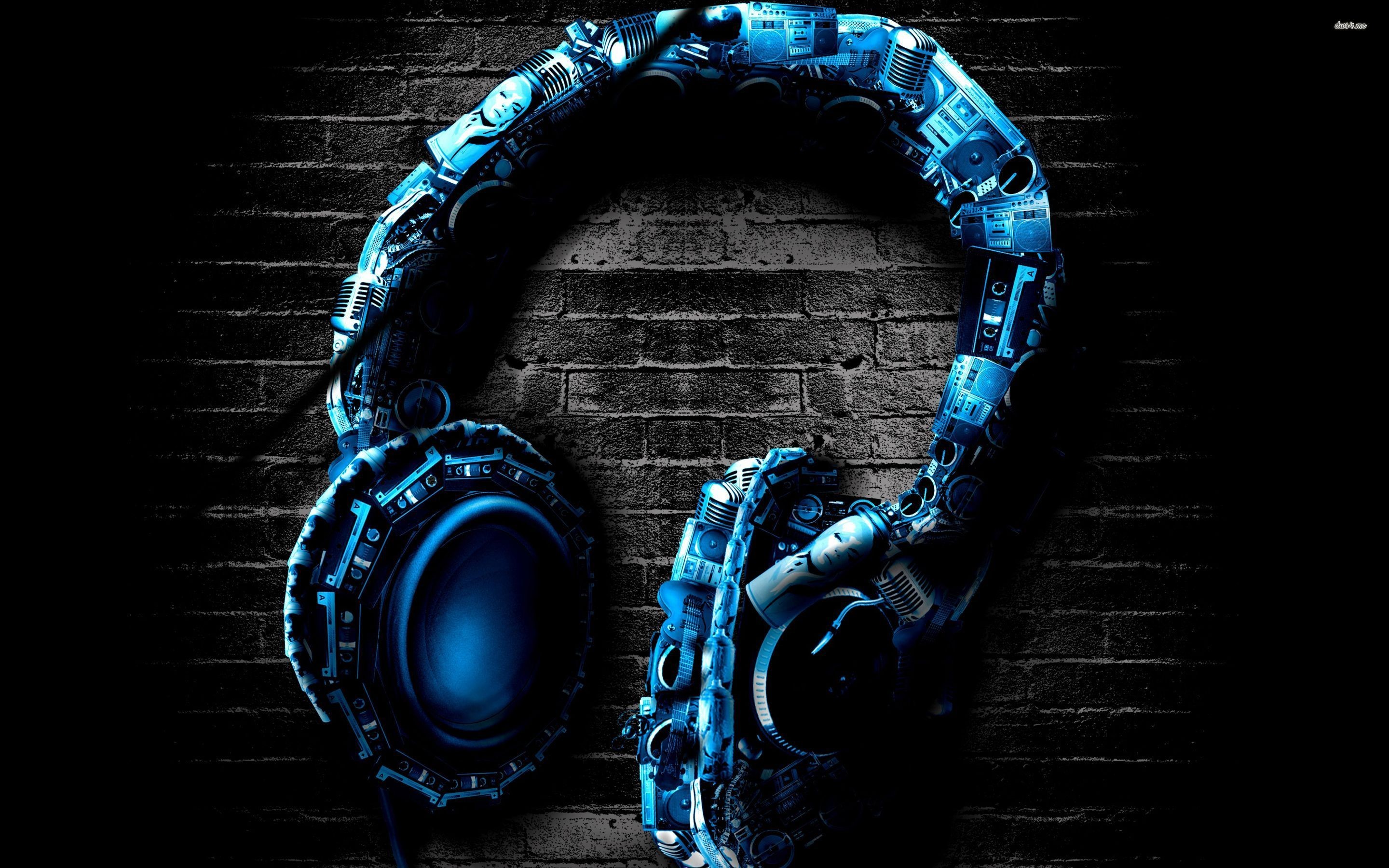 Cuffie, Blu, Muro di mattoni, 2K, sfondo Windows 11