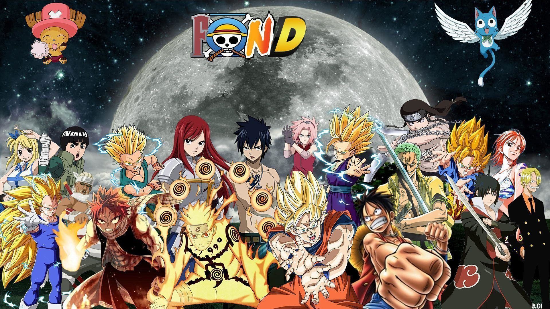 Fairy Tail, One Piece, Naruto, Dragon Ball, Crossover, Luna, 16:9 Full HD, sfondo widescreen