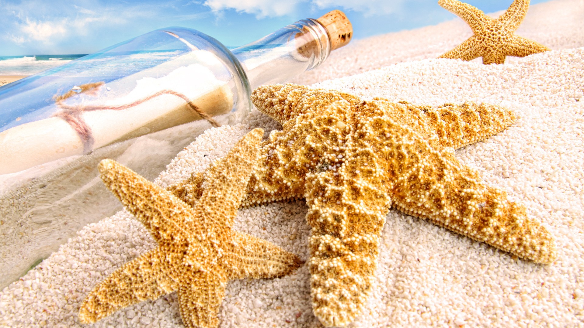 Stelle marine, Messaggio in bottiglia, Sabbia, 1920x1080, sfondo per PC