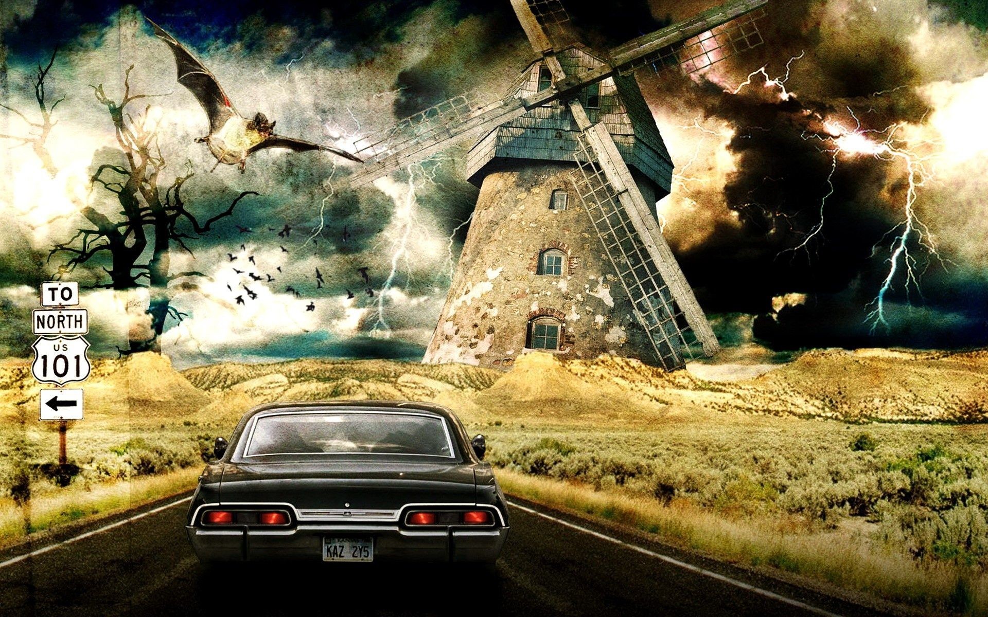 Chevrolet Impala 1967, Supernatural, Mulino a vento, Temporale, Strada, sfondo desktop 1920x1200
