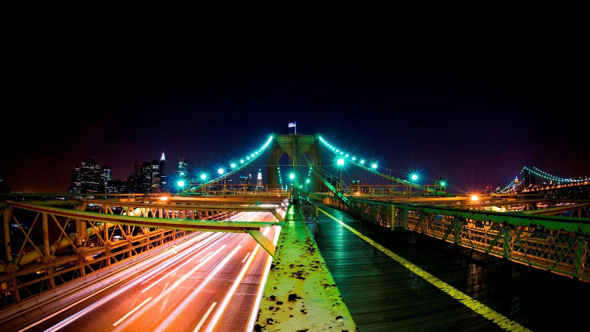 Ponte di Brooklyn, New York, Notte, Scie luminose, Ponte, Full HD, sfondo per PC
