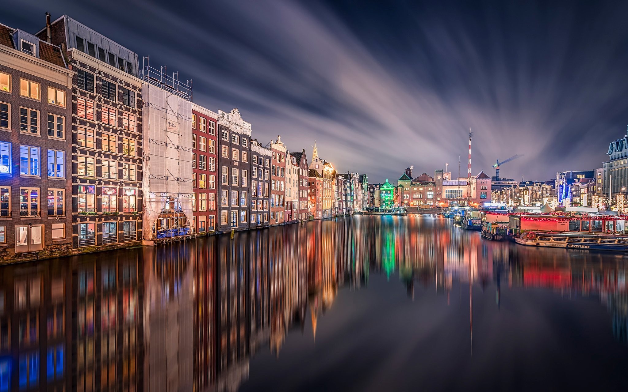 Amsterdam, Damrak, Lunga esposizione, Riflesso, Sera, 2048x1280, sfondo MacBook Pro