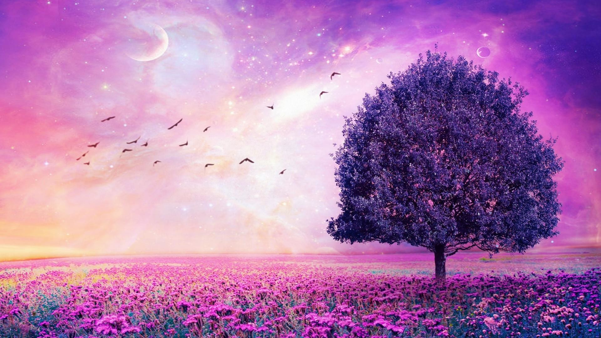 Albero viola, Campo fiorito, Uccelli, Luna, Surreale, Lilla, Full HD, sfondo Windows 11