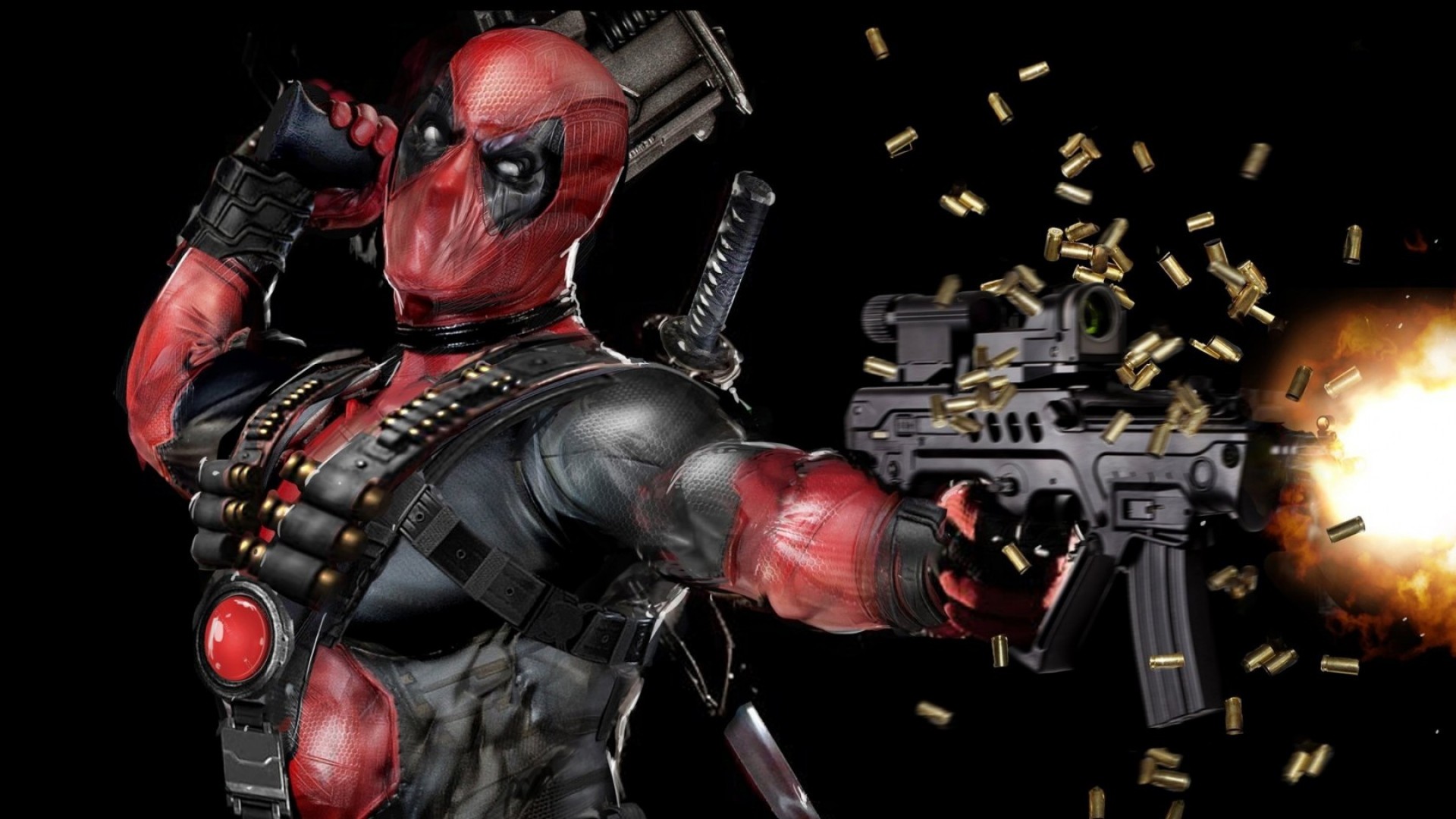 Deadpool, Mitragliatrice, Bossoli, Marvel, Full HD, sfondo Windows 11