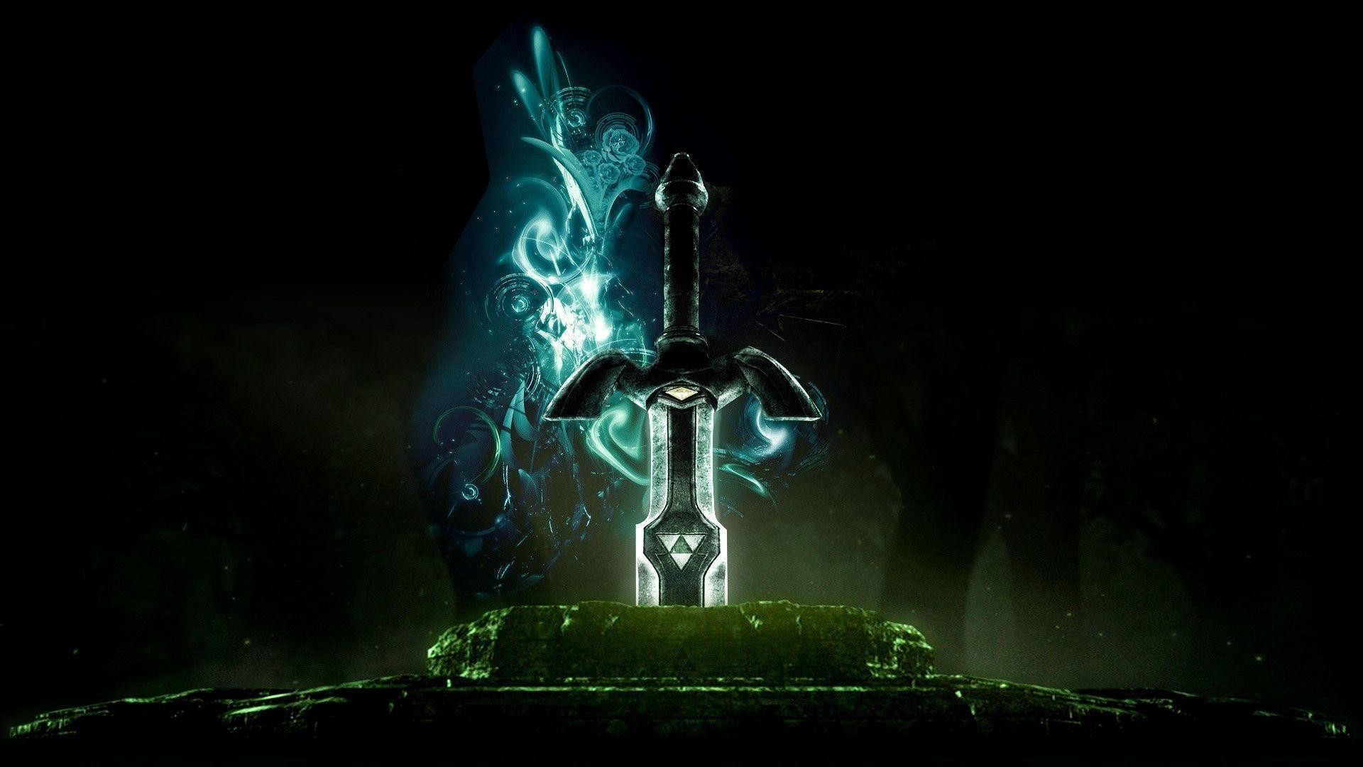 Spada Suprema, The Legend of Zelda, Sfondo nero, Luce turchese, 16:9 Full HD, wallpaper widescreen