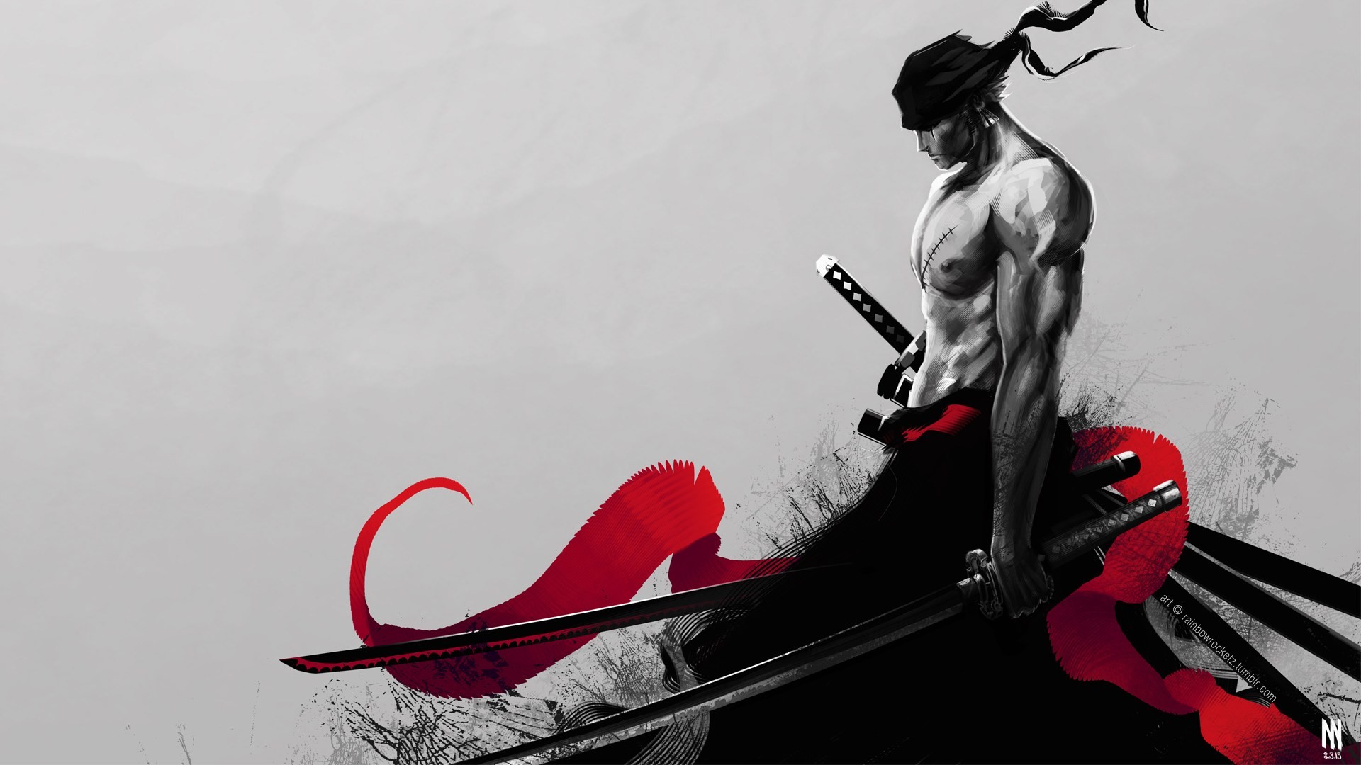 Roronoa Zoro, One Piece, Katane, Bandana, Sfondo bianco, Full HD, wallpaper per computer